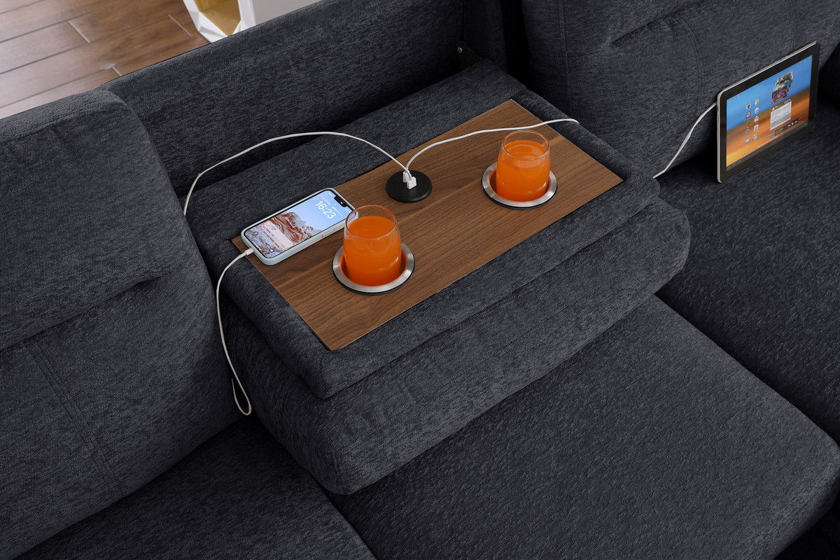 Kipling II 94"W Dark Gray Chenille Fabric Sleeper Sectional Sofa with Right-Facing Chaise, Cupholders, USB Charging port