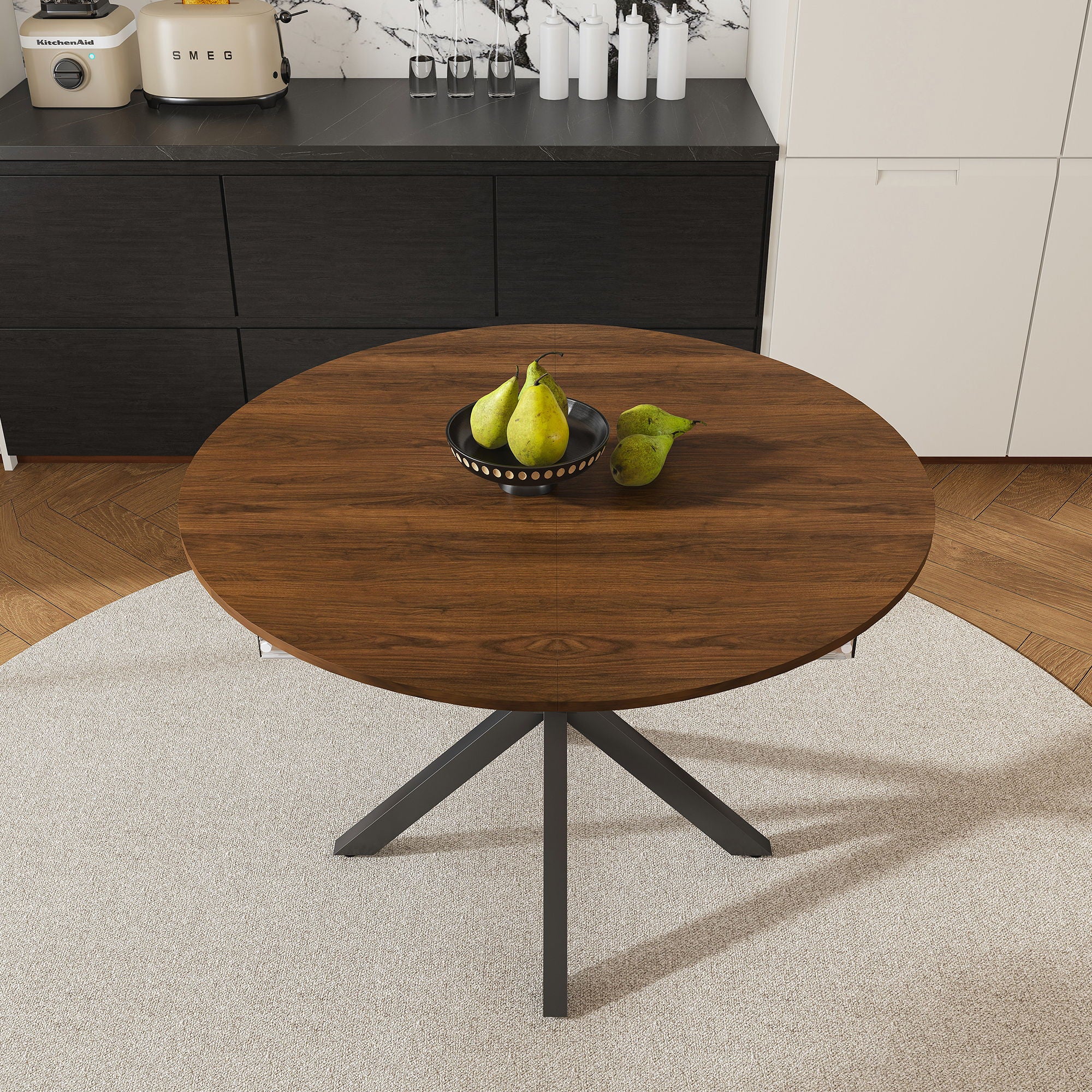Round Dining Table With Extendable Blades, X Base