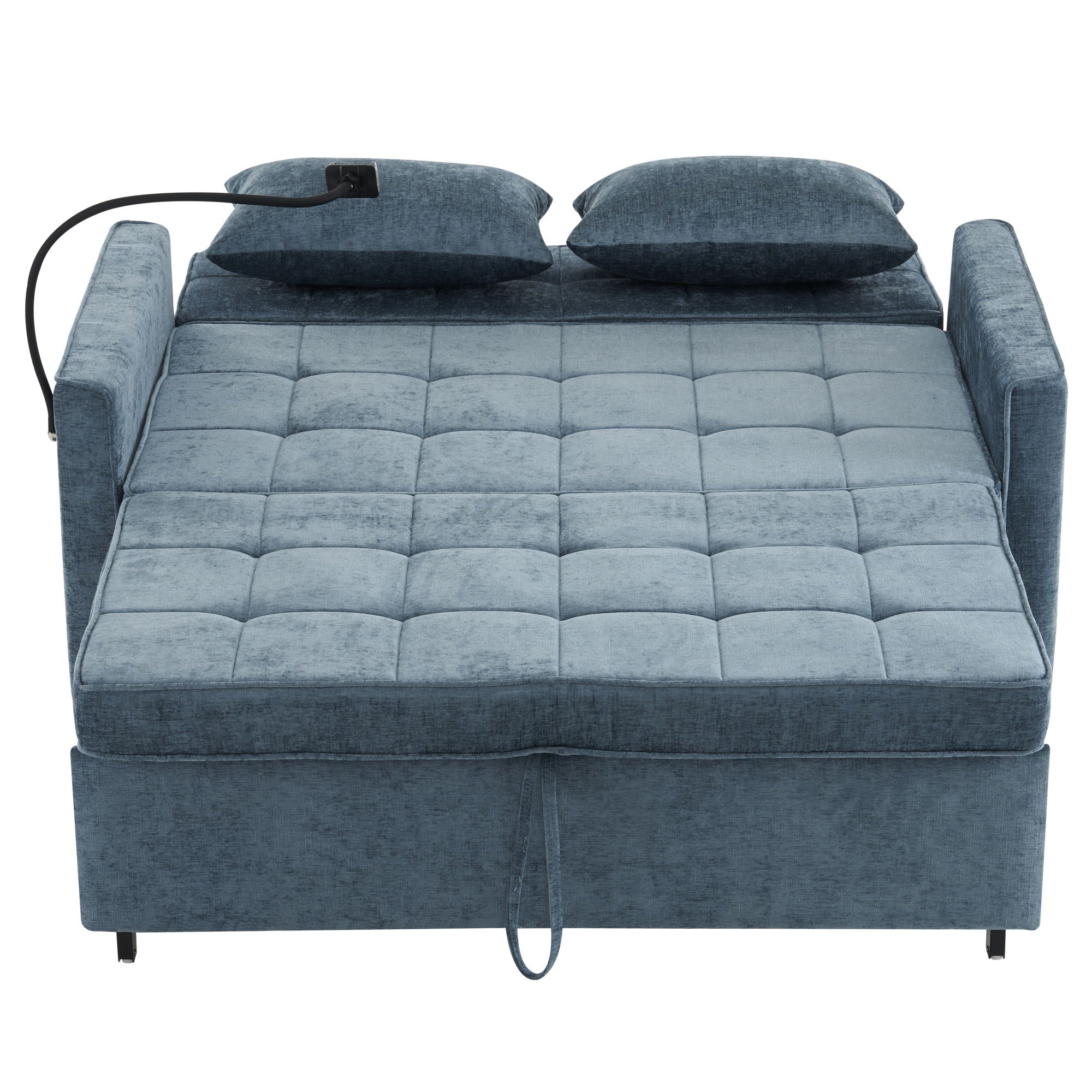 Pull-Out Sleeper Sofa With Reversible Backrest Cushion, Side Pockets, 2 USB Ports And A Phone Holder For Living Room