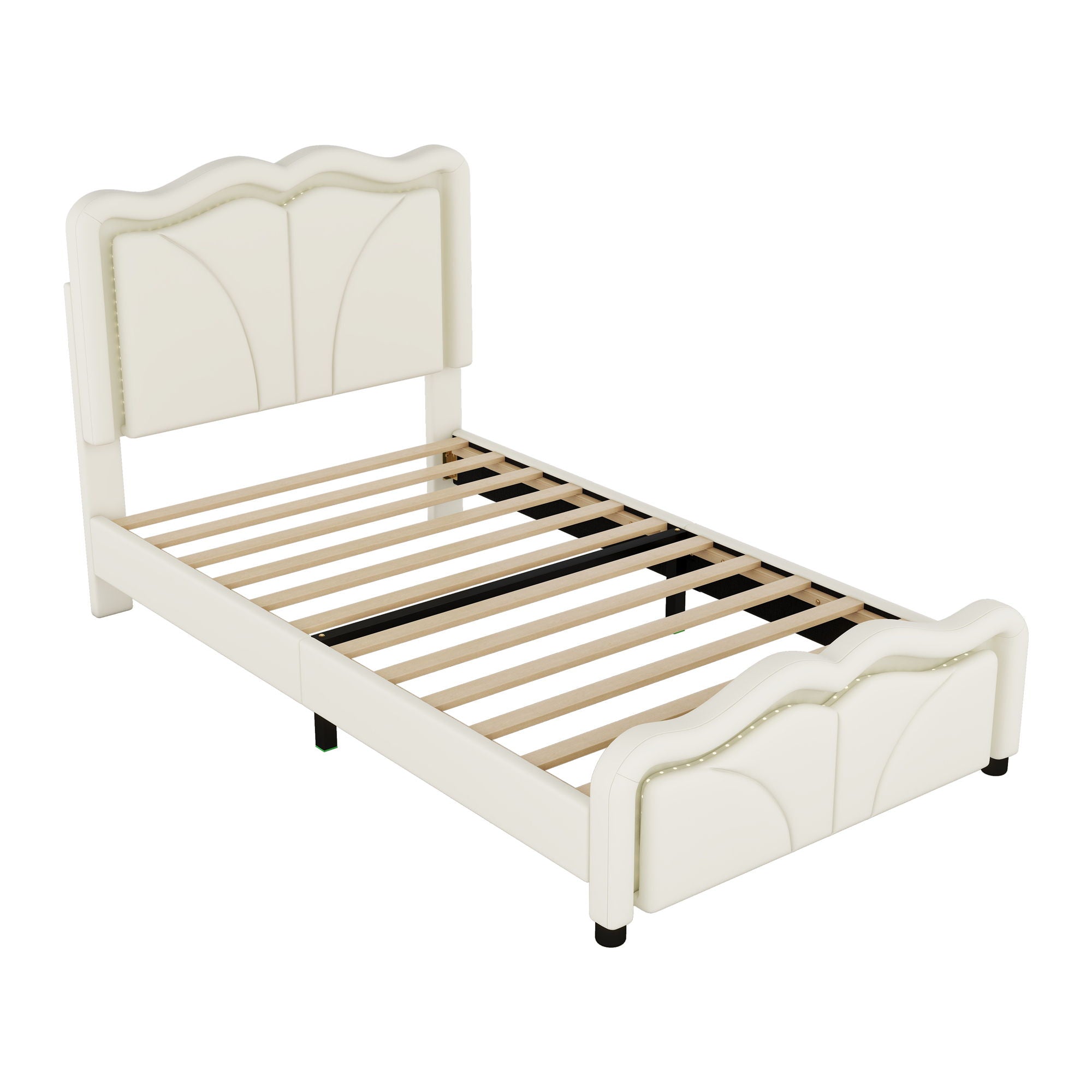 Upholstered Platform Bed & Curve Shaped And Height Adjustable Headboard, LED Light Strips