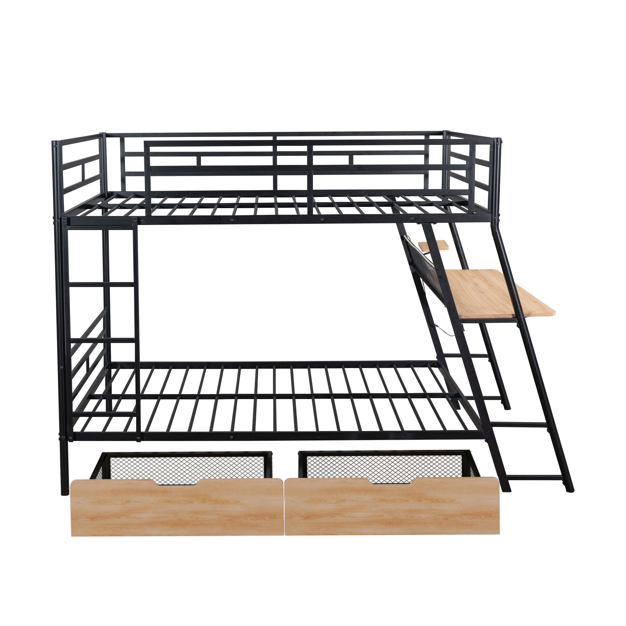 Full Size Bunk Bed With Built In Desk, Light, And 2 Drawers - Black