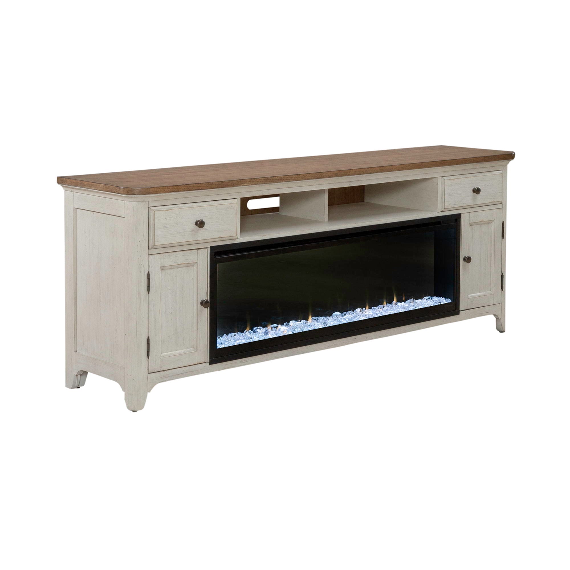Liberty Furniture 79" Console With Fire - Medium Brown | Meri Furniture