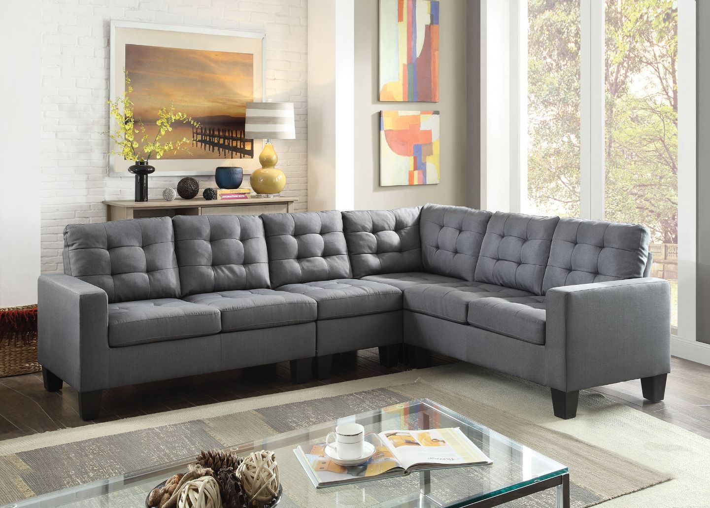 ACME Earsom - Sectional Sofa - Gray Linen | Meri Furniture