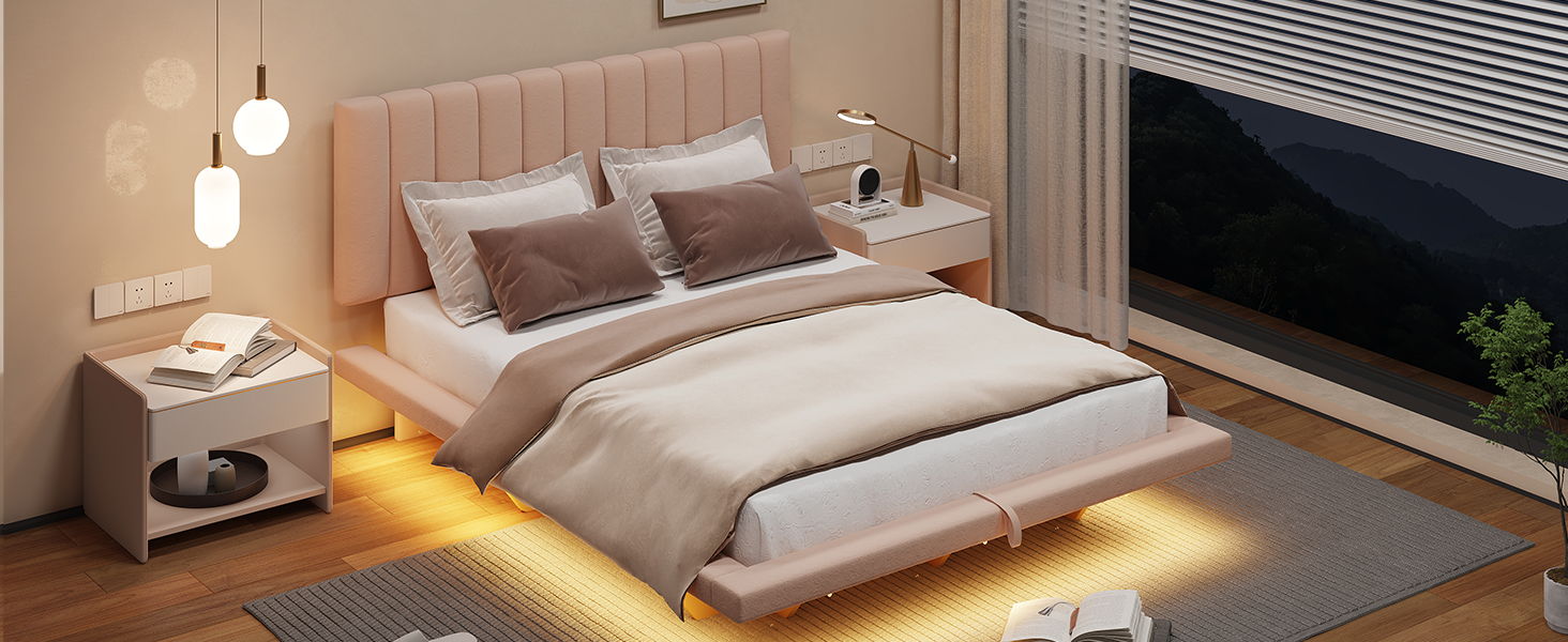 Upholstered Floating Hydrualic Platform Bed With LED Light And USB Port