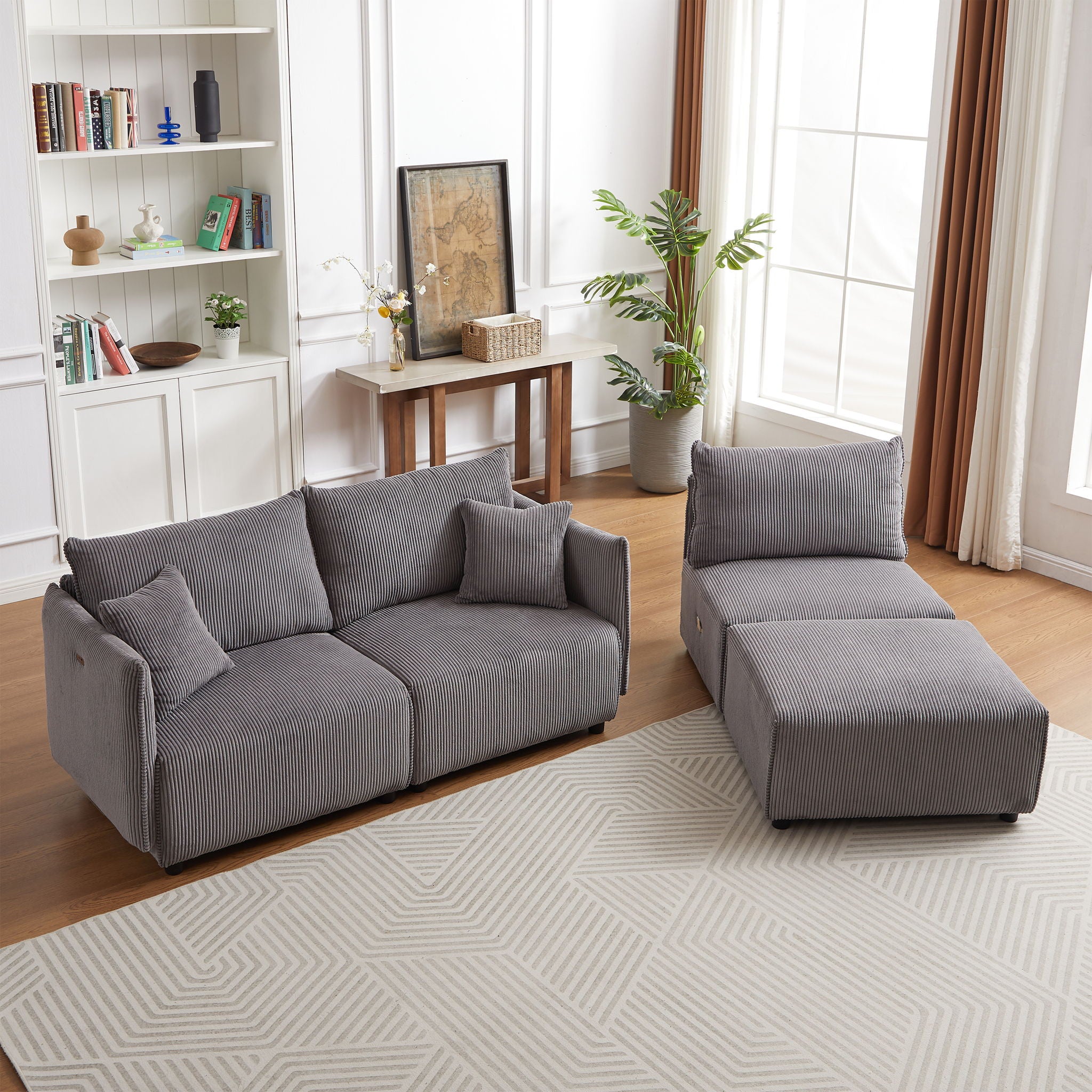 Modern Minimalist Corduroy Combination Sofa With 2 Comfort Cushions With USB & C Charging Ports