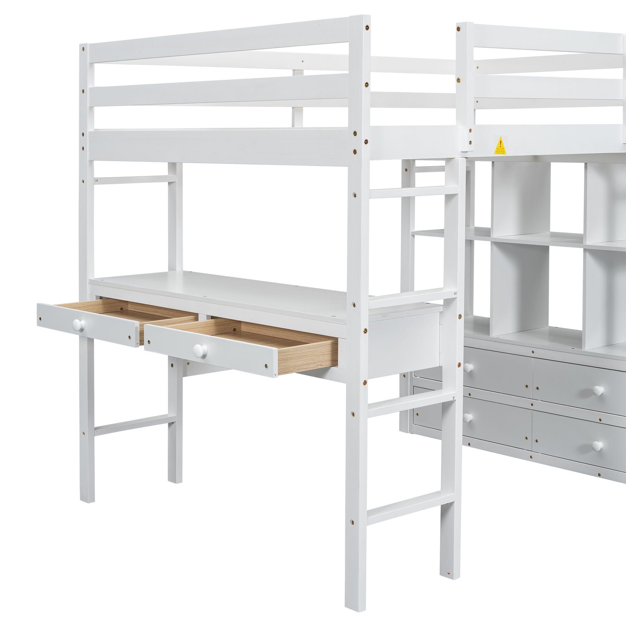 Full Size Loft Bed With Built In Desk, 2 Drawers, Storage Shelves - White