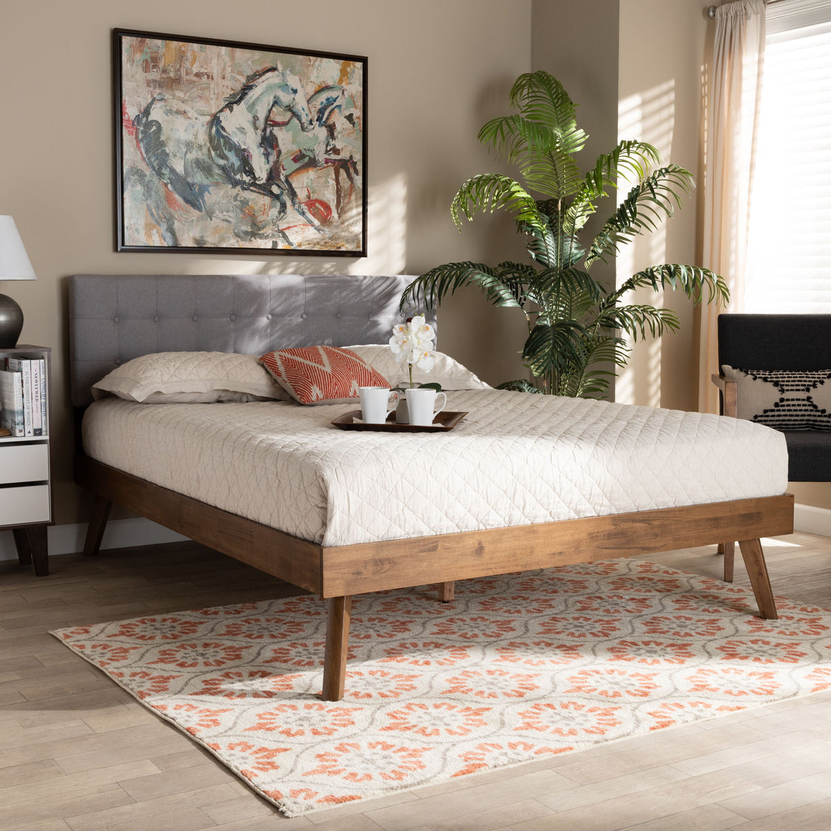 Devan Mid-Century Modern Light Grey Fabric Upholstered Walnut Brown Finished Wood King Size Platform Bed