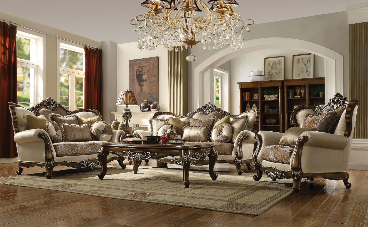 ACME Latisha - Sofa - Tan, Pattern Fabric & Antique Oak | Meri Furniture
