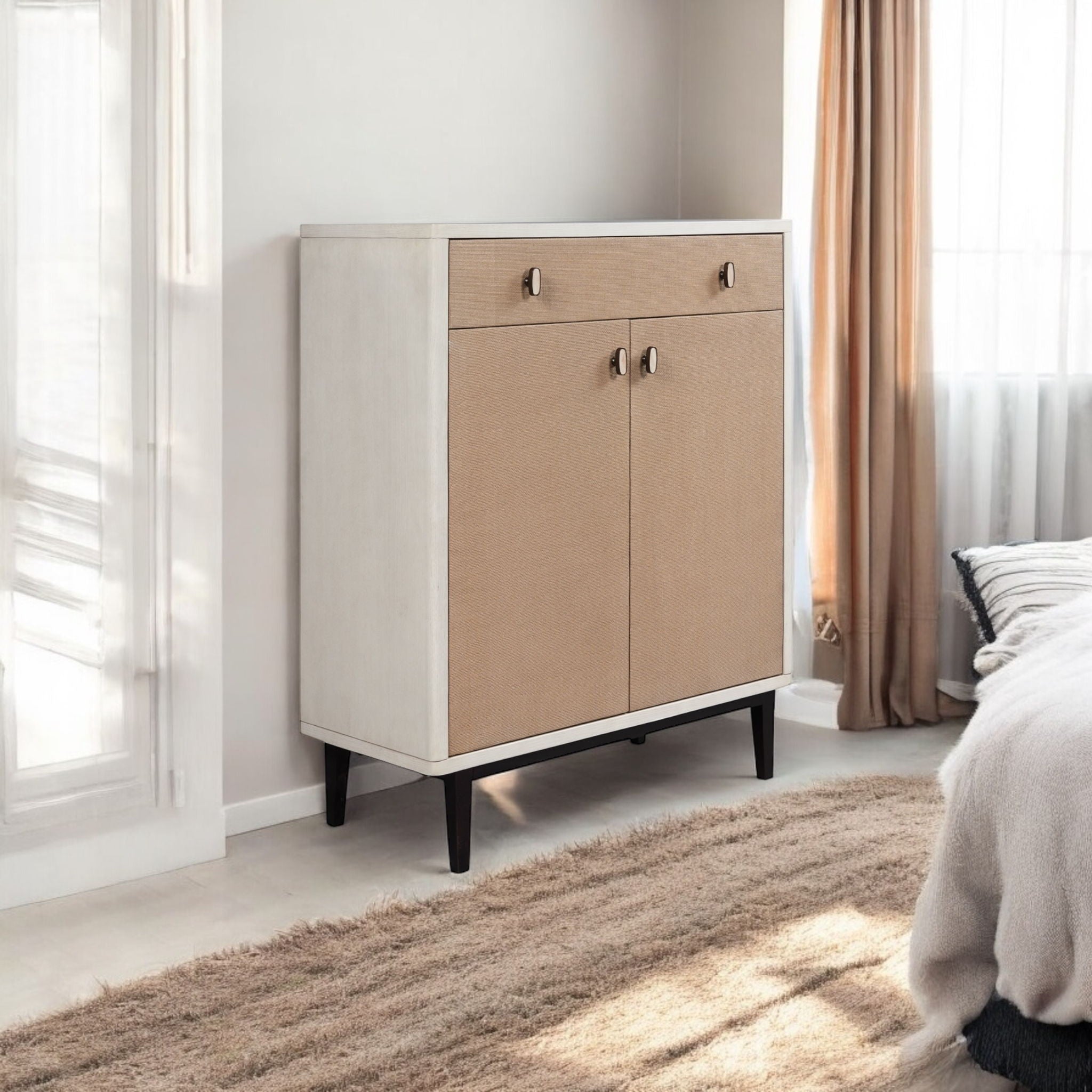 Contemporary Bar Cabinet With Large Storage - White / Pecan