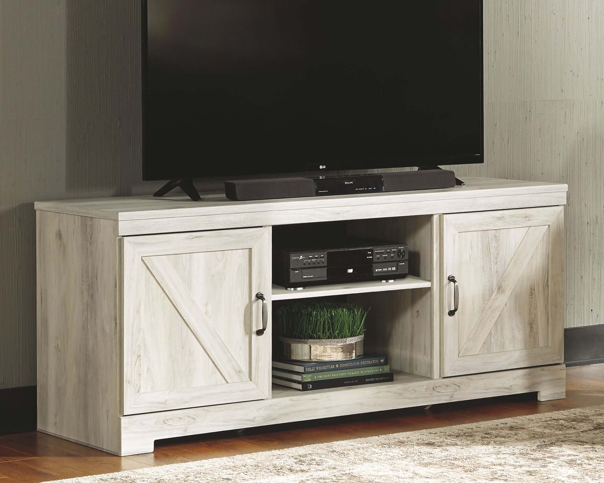 Bellaby - Entertainment Center - TV Stand With Faux Firebrick Fireplace Insert - Whitewash