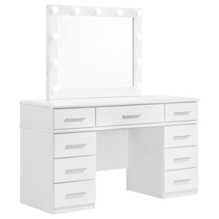 Coaster Fine Furniture Felicity - 9-Drawer Vanity Table With Lighted Mirror - Glossy White | Meri Furniture