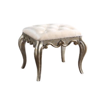 ACME Esteban - Vanity Stool - Ivory Velvet & Antique Champagne Finish | Meri Furniture
