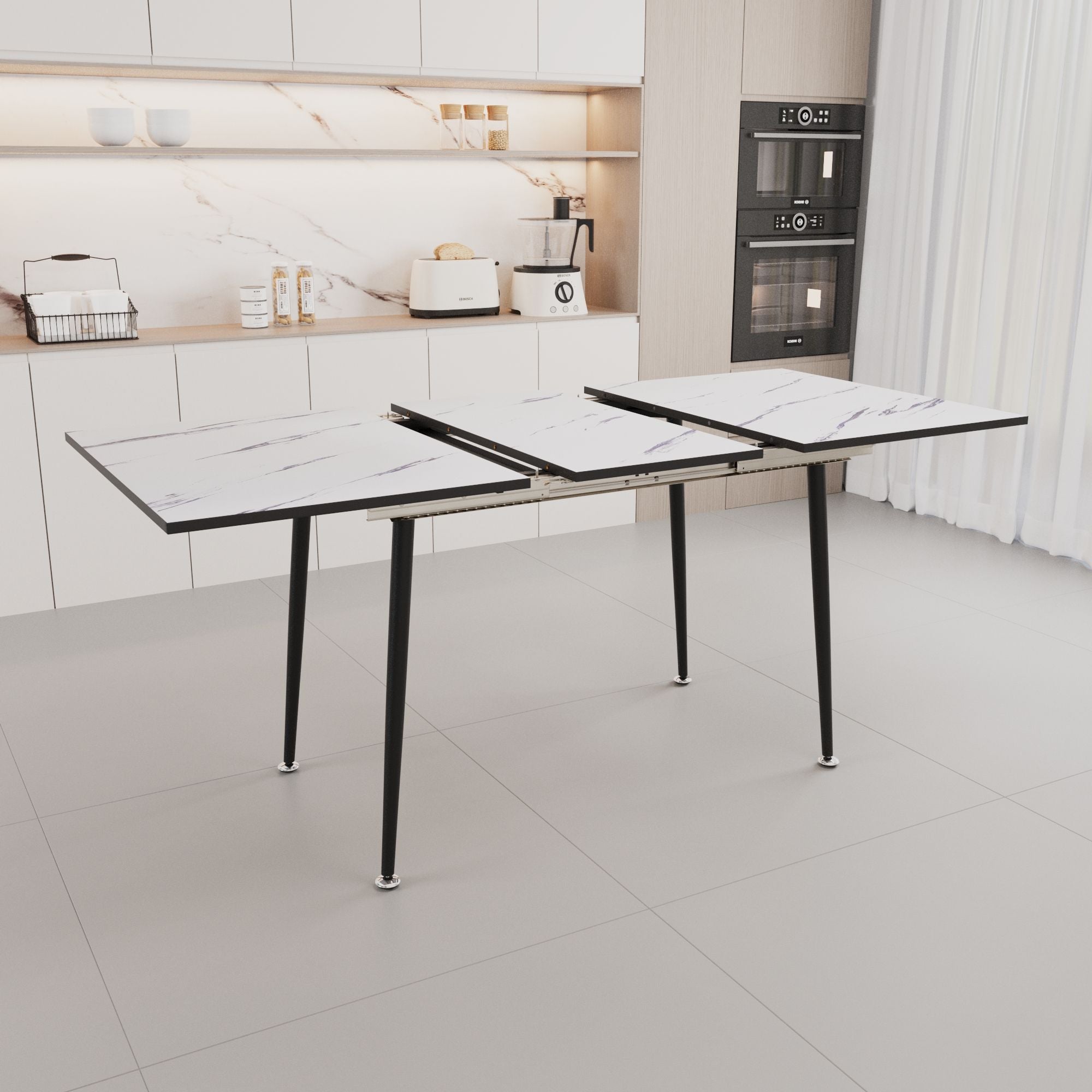 Modern Industrial Expandable Dining Table 47" To With Marble Pattern Top And Metal Legs - White