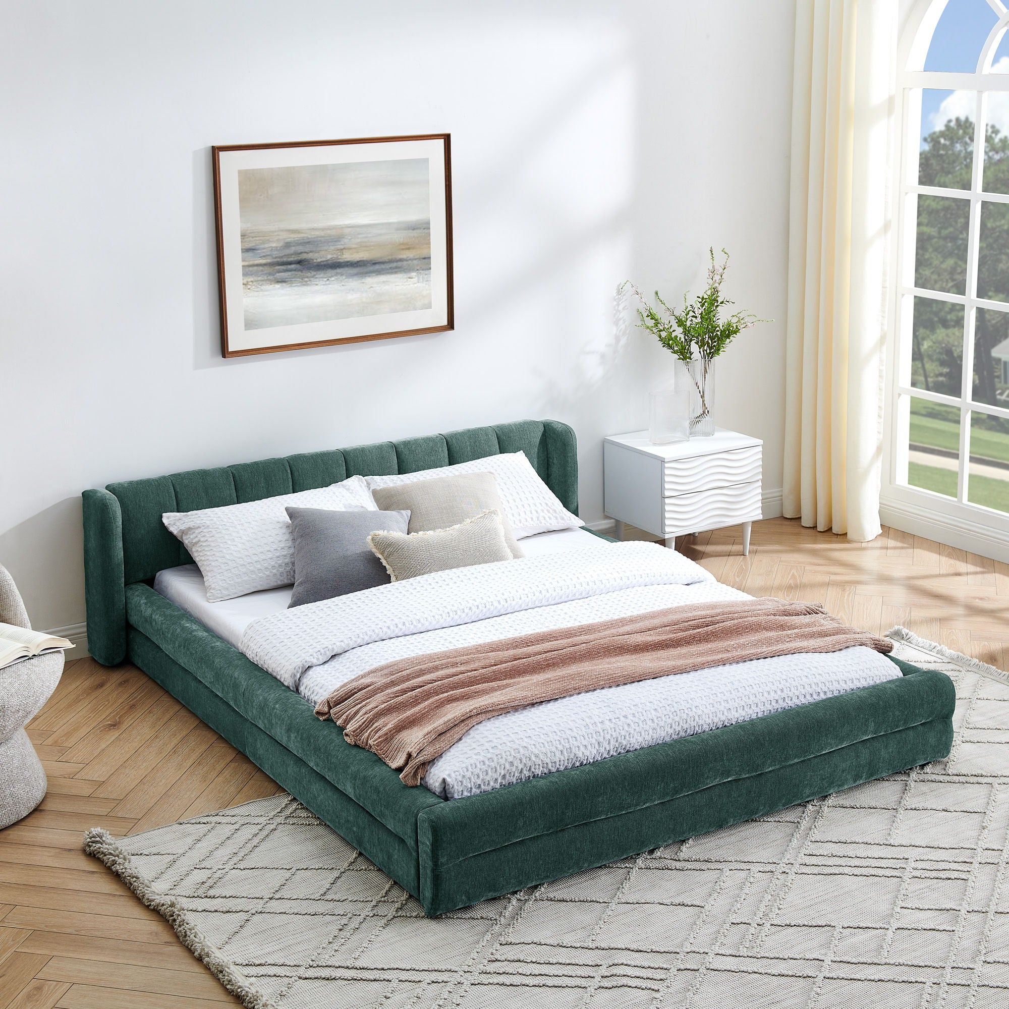 Modern Upholstered Bed Frame With Thick Chenille Fabric And Headboard