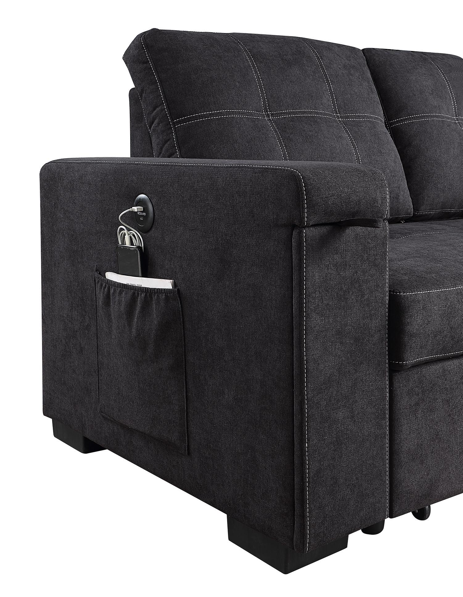 Toby - Woven Fabric Reversible Sleeper Sectional Sofa With Storage Chaise Cup Holder Charging Ports And Pockets