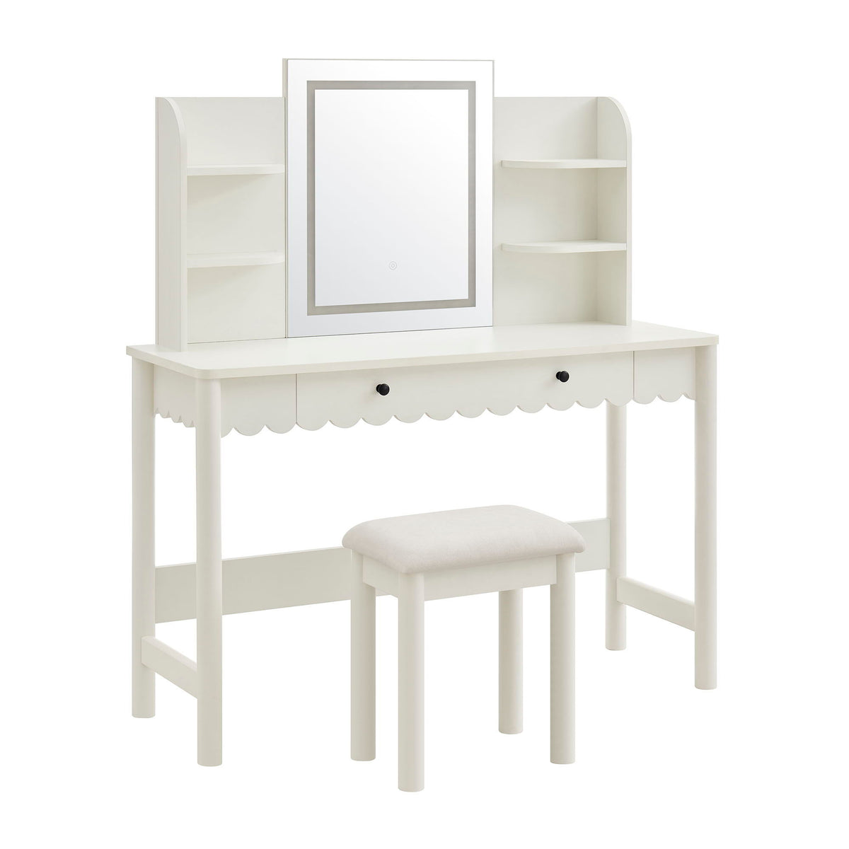 Emmeline Scalloped Makeup Vanity Desk With LED Mirror and Stool by Modway