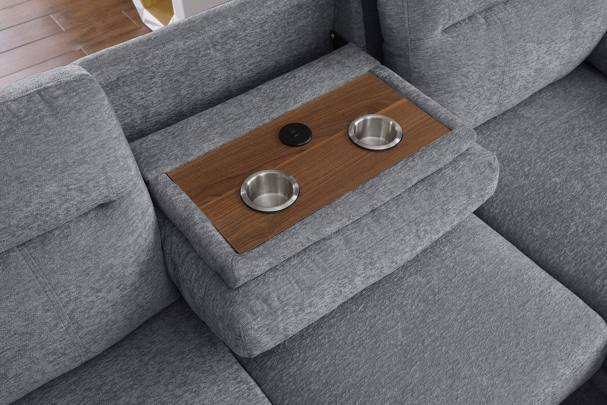 Kipling II 94"W Light Gray Chenille Fabric Sleeper Sectional Sofa with Right-Facing Chaise, Cupholders, USB Charging port