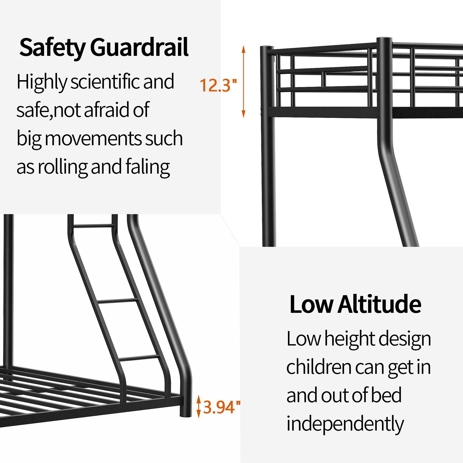 Bunk Bed Frame With Ladder And Guardrail, Heavy Duty Noise Free Design Metal Construction