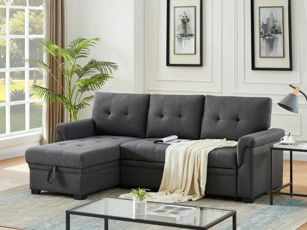 Lucca 84"W Dark Gray Linen Reversible Sleeper Sectional Sofa with Storage Chaise