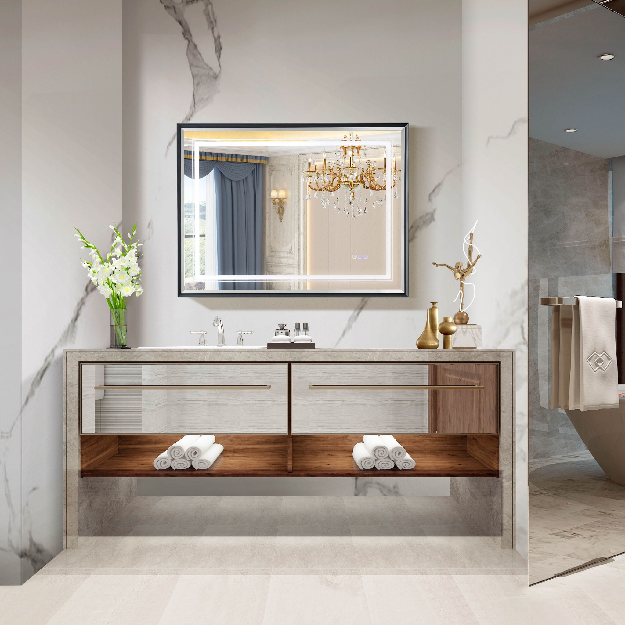 LED Bathroom Beveled Mirror, 3000 - 6000K Gradient Front And Backlit LED Mirror For Bathroom, 3 Colors Dimmable, Ip54 Enhanced Anti Fog