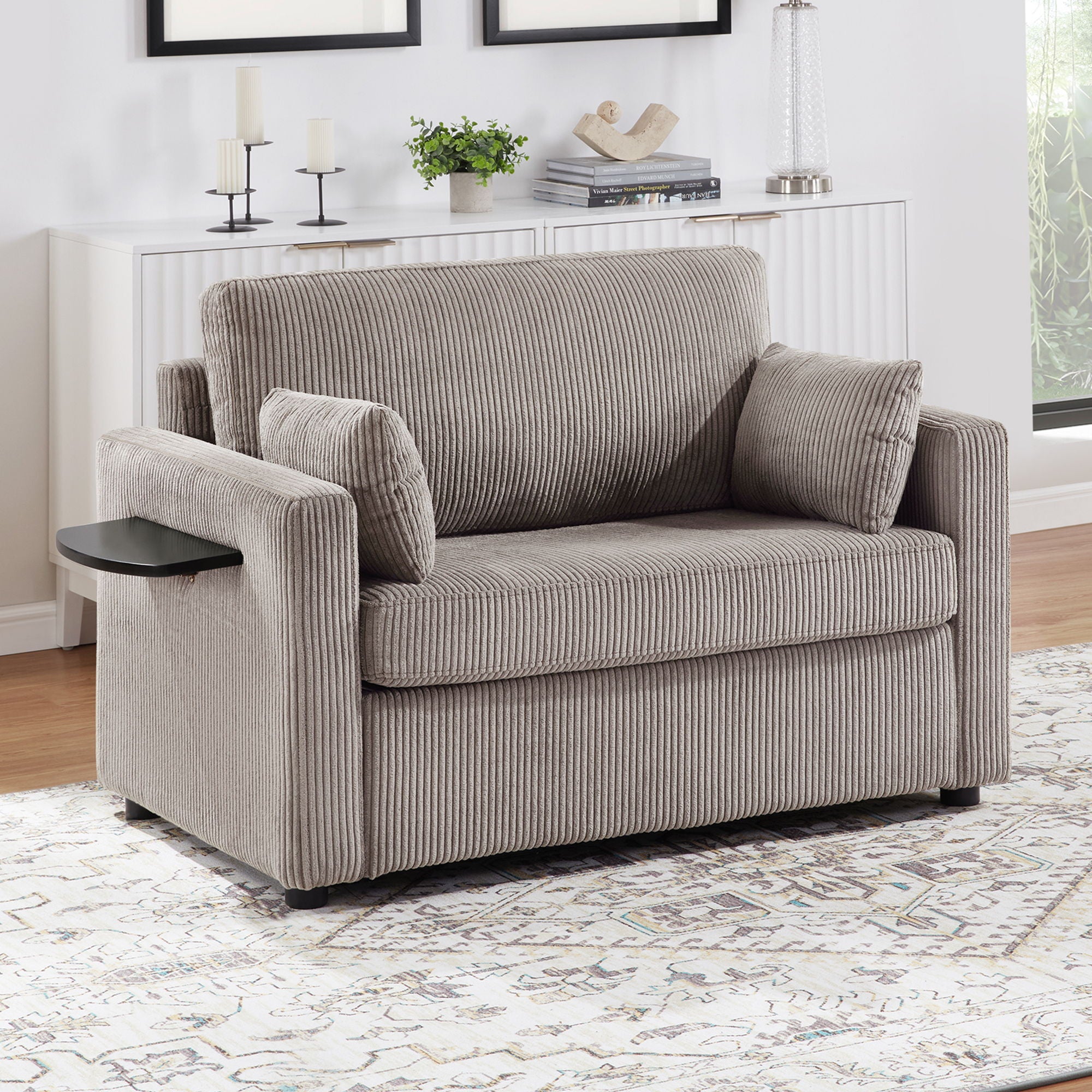 Sleeper Sofa With Foldable Mattress, USB Ports, Side Table & Storage Pocket