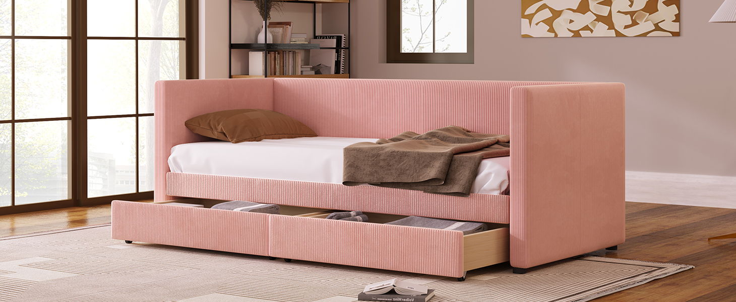 Corduroy Daybed With Two Drawers And Wood Slat
