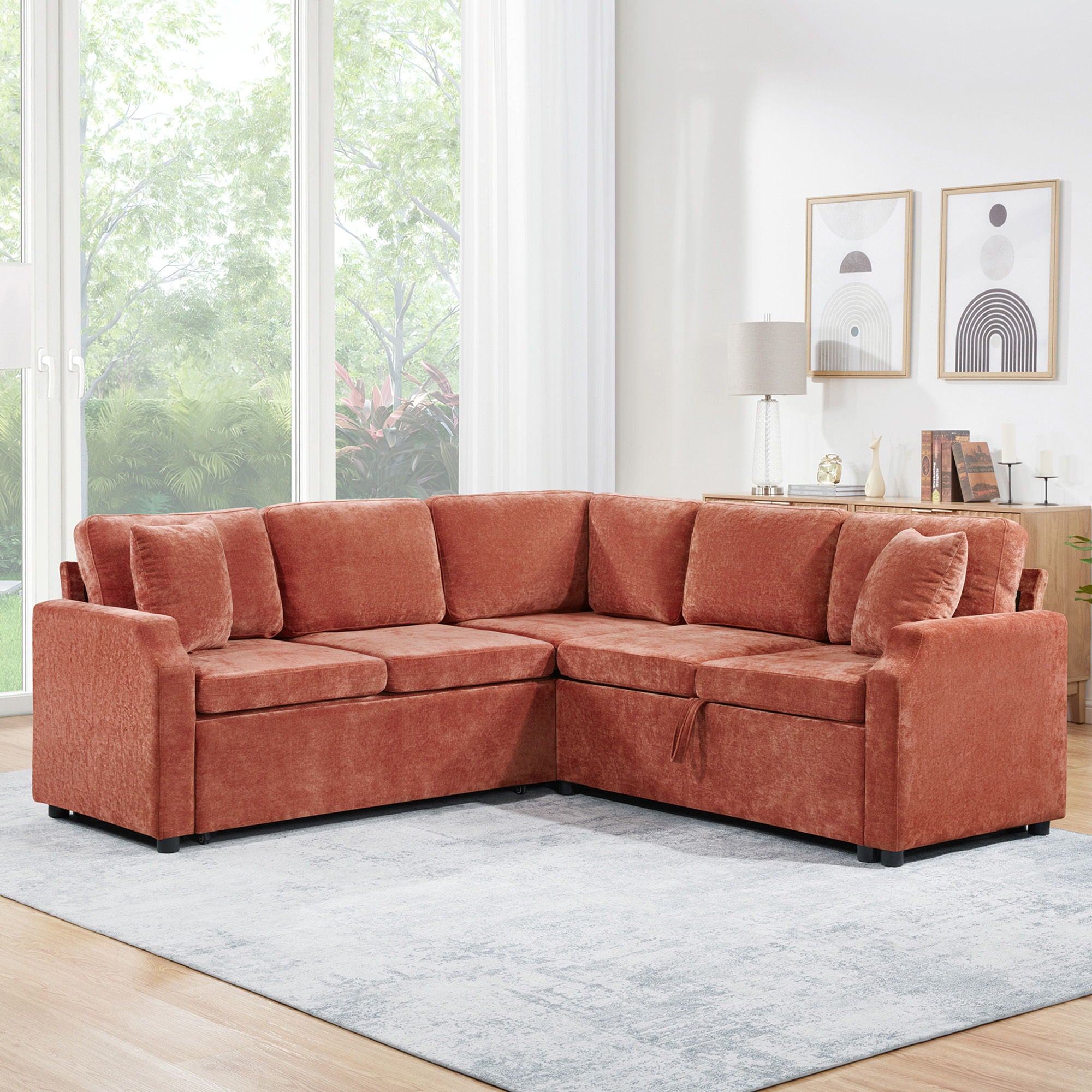 Modern L Shaped Sectional Sofa Bed With Hidden Storage Chenille Upholstery