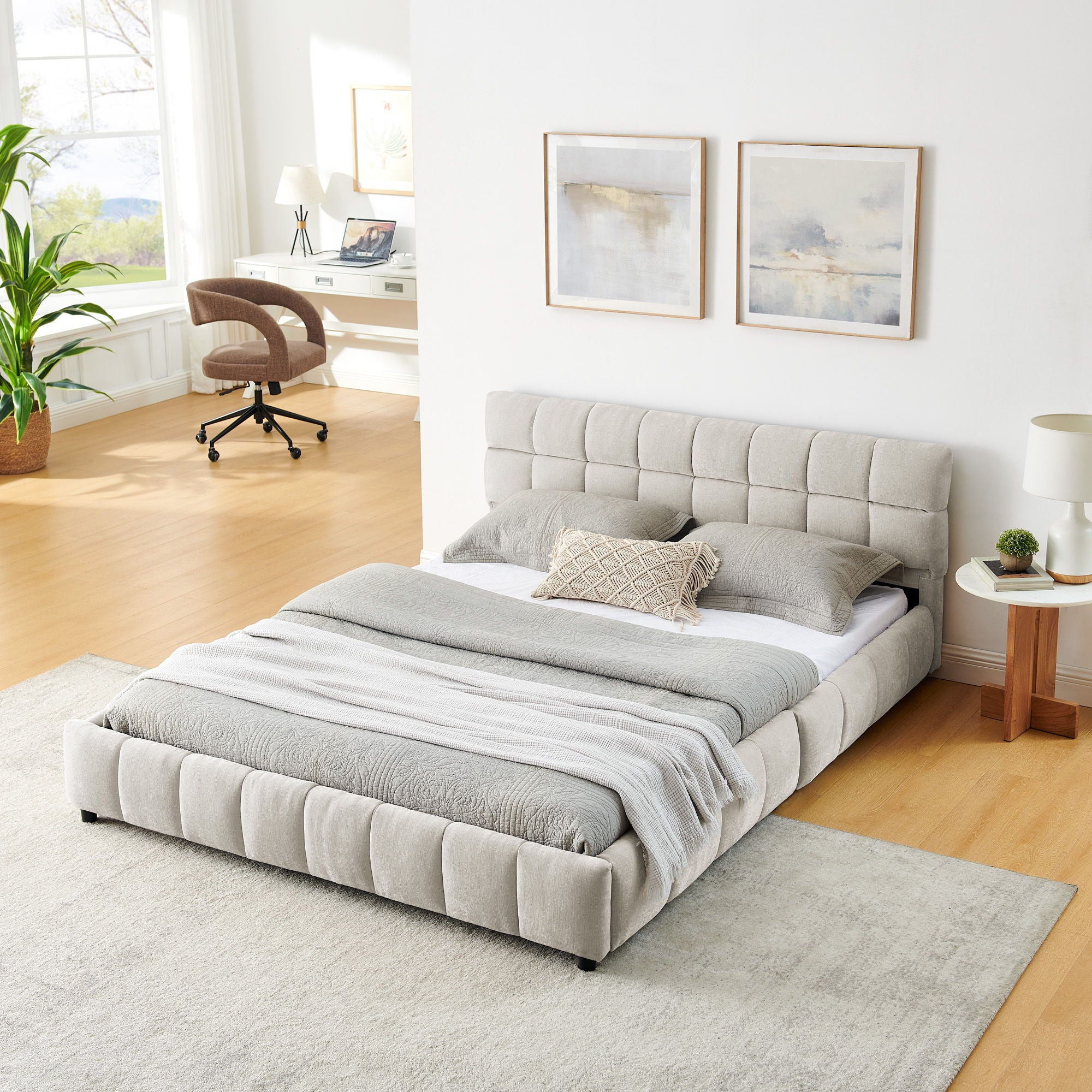 Modern Platform Bed Frame With Thick Chenille Fabric