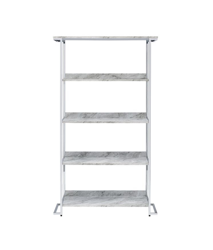 ACME Visage - Bookshelf - White Printed Faux Marble & Chrome | Meri Furniture