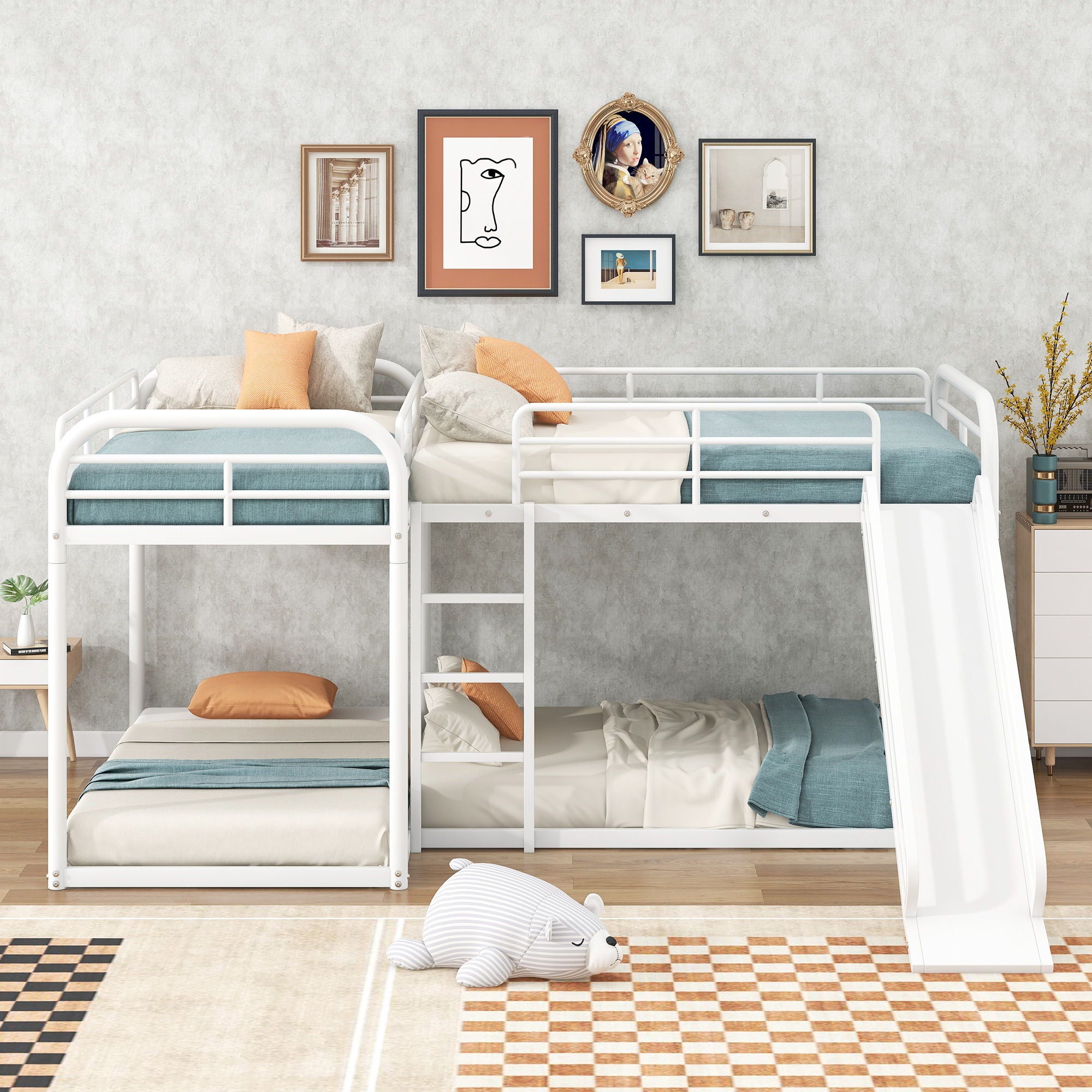 L Shaped Bunk Bed With Slide And Short Ladder