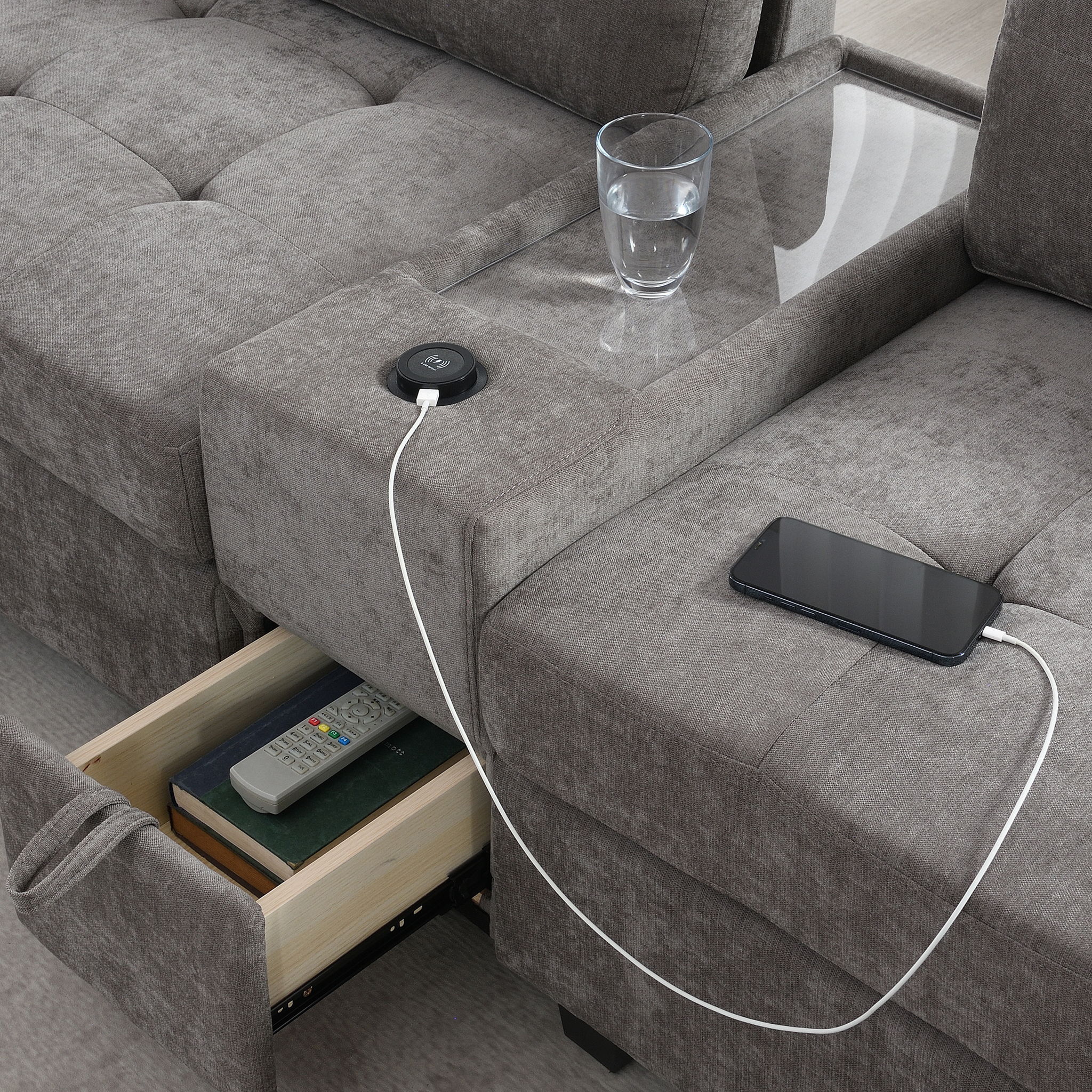 Sectional With Acrylic Table Top U Shaped Couch Set With 2 Consoles USB Charger, Storage Drawers And Pockets Movable Ottoman Tufted Sofa