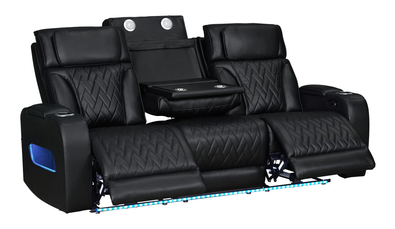 Jazz Black Leather Aire Transformer Power Reclining Sofa & Loveseat Living Room Set with Power Headrest, Bluetooth Speakers, LED Lights, Wireless Charging Drop-Down Table, USB & USB-C Ports, Storage & Cupholders