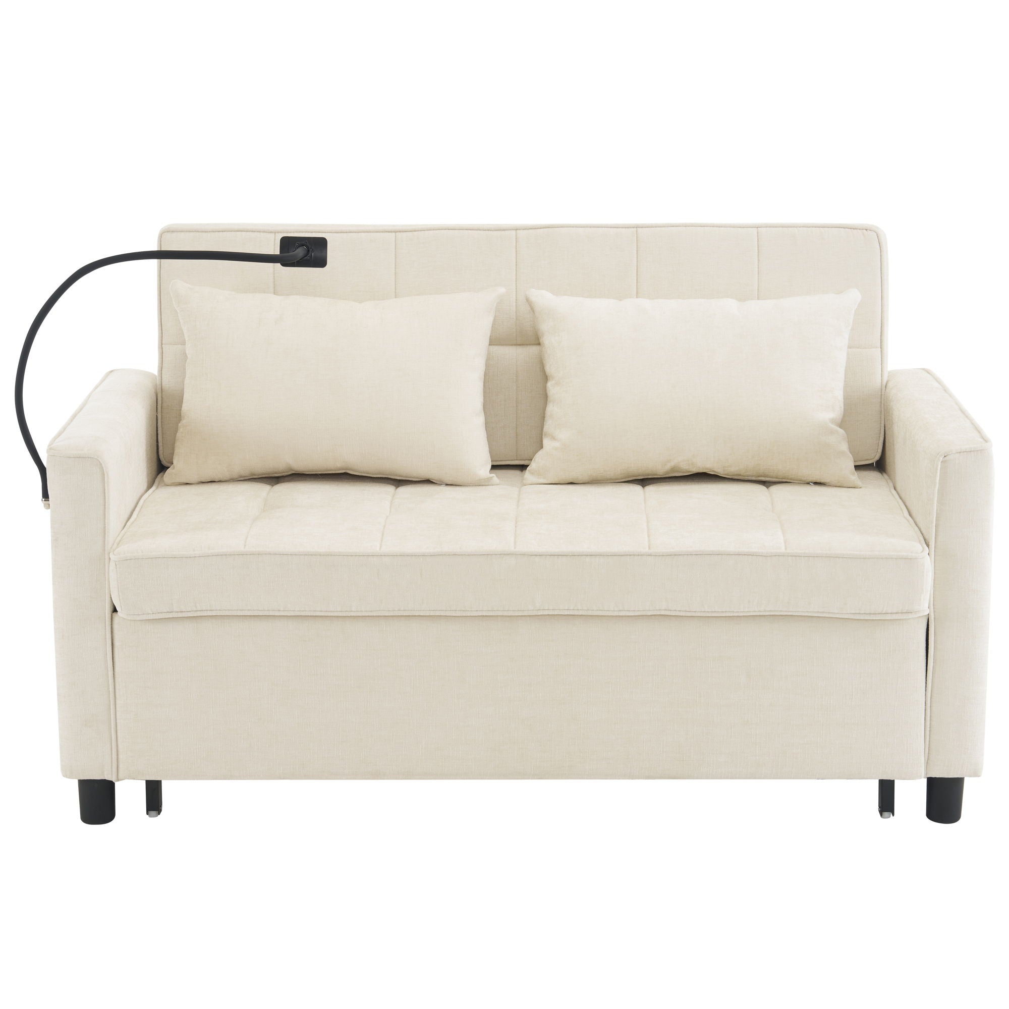 Pull-Out Sleeper Sofa With Reversible Backrest Cushion, Side Pockets, 2 USB Ports And A Phone Holder For Living Room