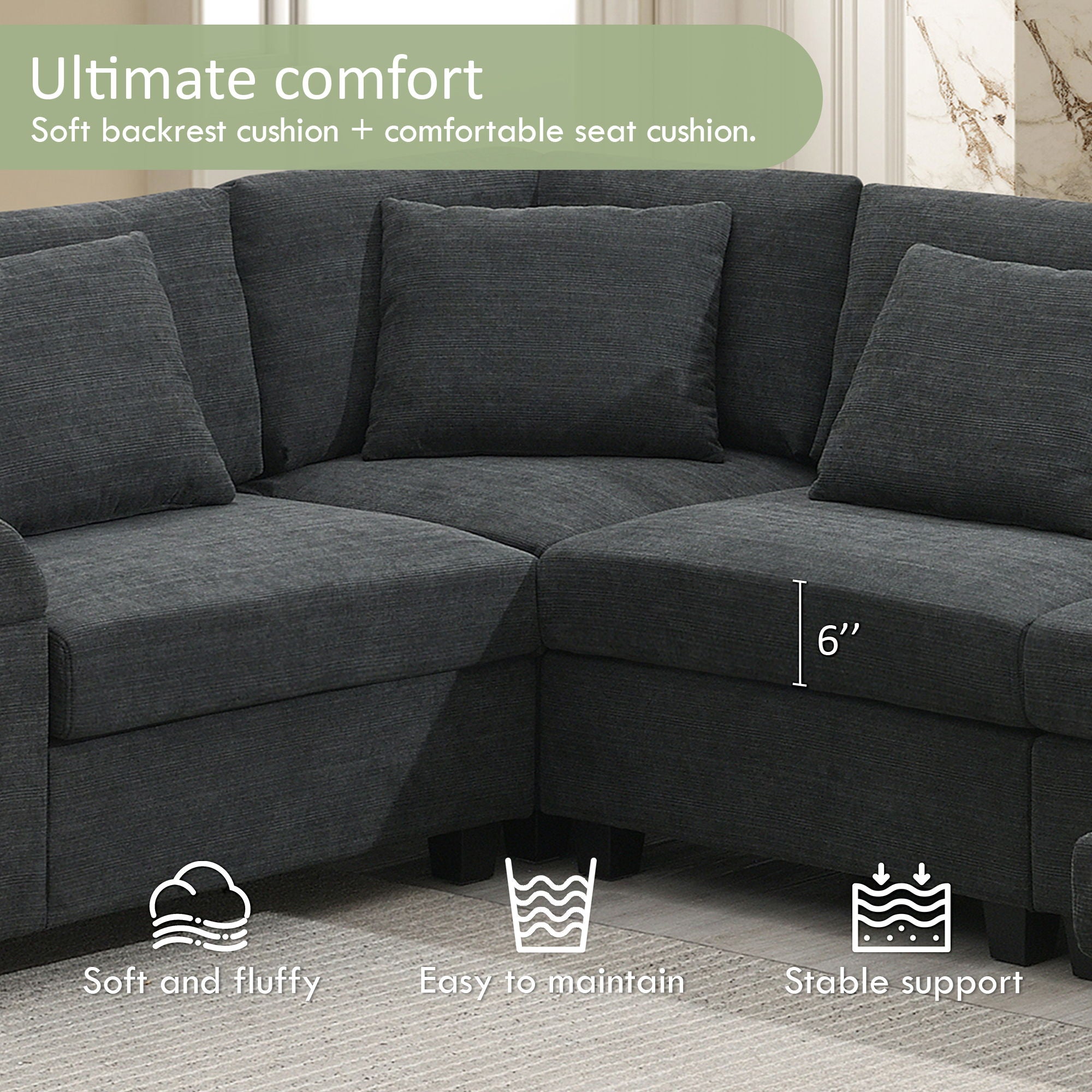 U Shaped Sectional Sofa 6 Seat Couch Set With Oversized Ottoman, Hidden Armrest Storage And Cup Holders USB Charging Ports Wide Seat Sofa