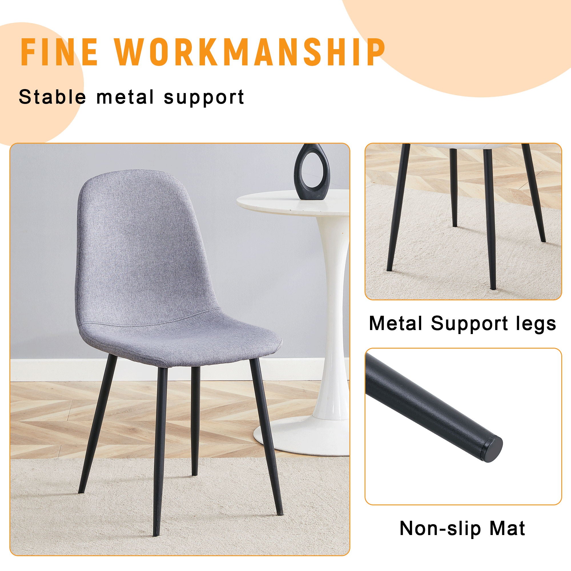 Luxury Simple Chair Linen Cotton High Resilience Dining Chair With Black Metal Legs (Set of 4) - Light Gray