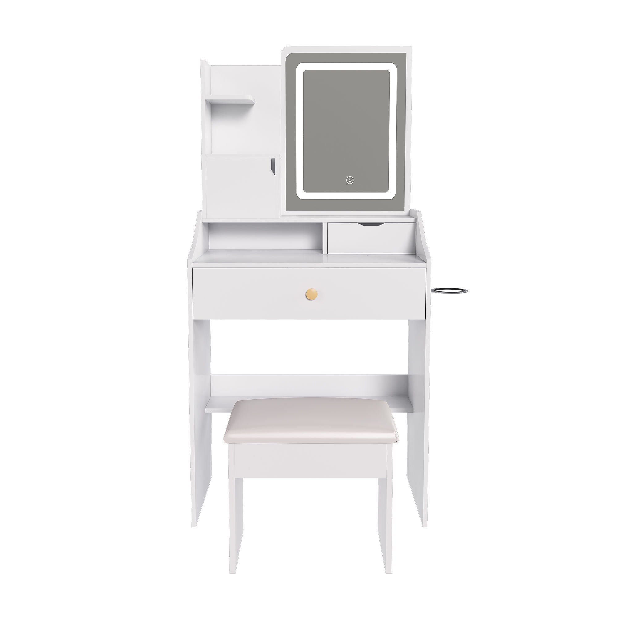 3 Color LED Vanity Mirror With Stool, Dressing Table For Bedroom, 2 Drawers & 5 Storage Cabinets (4 Open + 1 Hidden), Adjustable Lighting - White