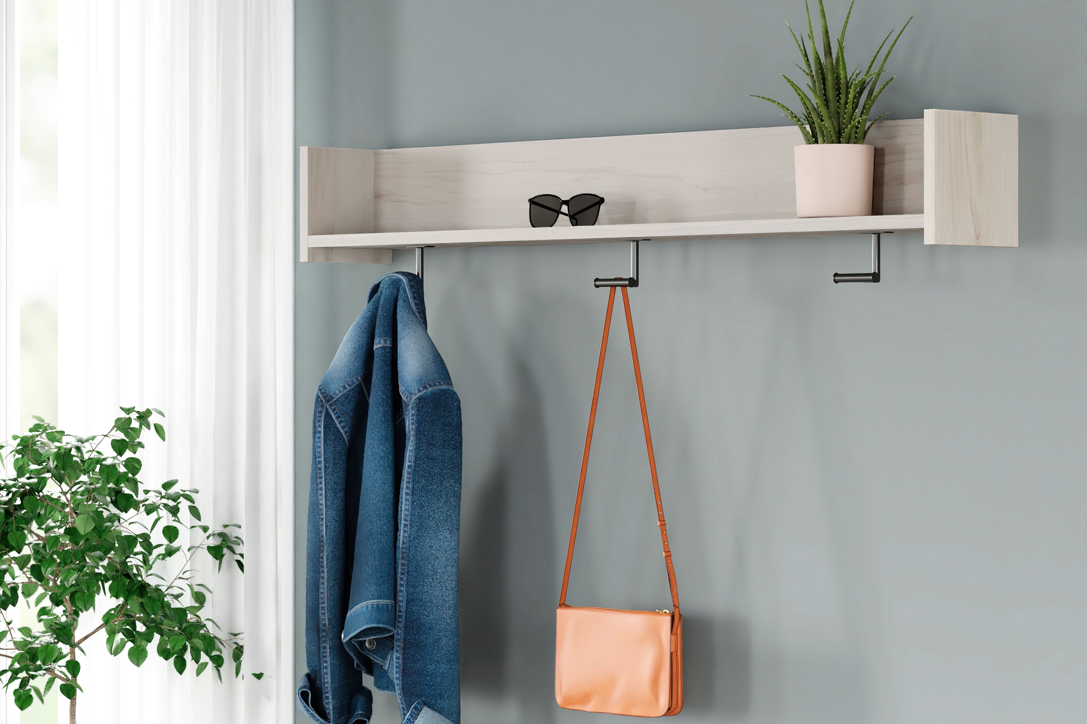 Ashley Furniture Socalle - Light Natural - Wall Mounted Coat Rack W/shelf | Meri Furniture
