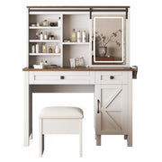 Rustic Farmhouse Makeup Vanity Desk With Sliding Mirror, LED Lights, And Charging Socket - White