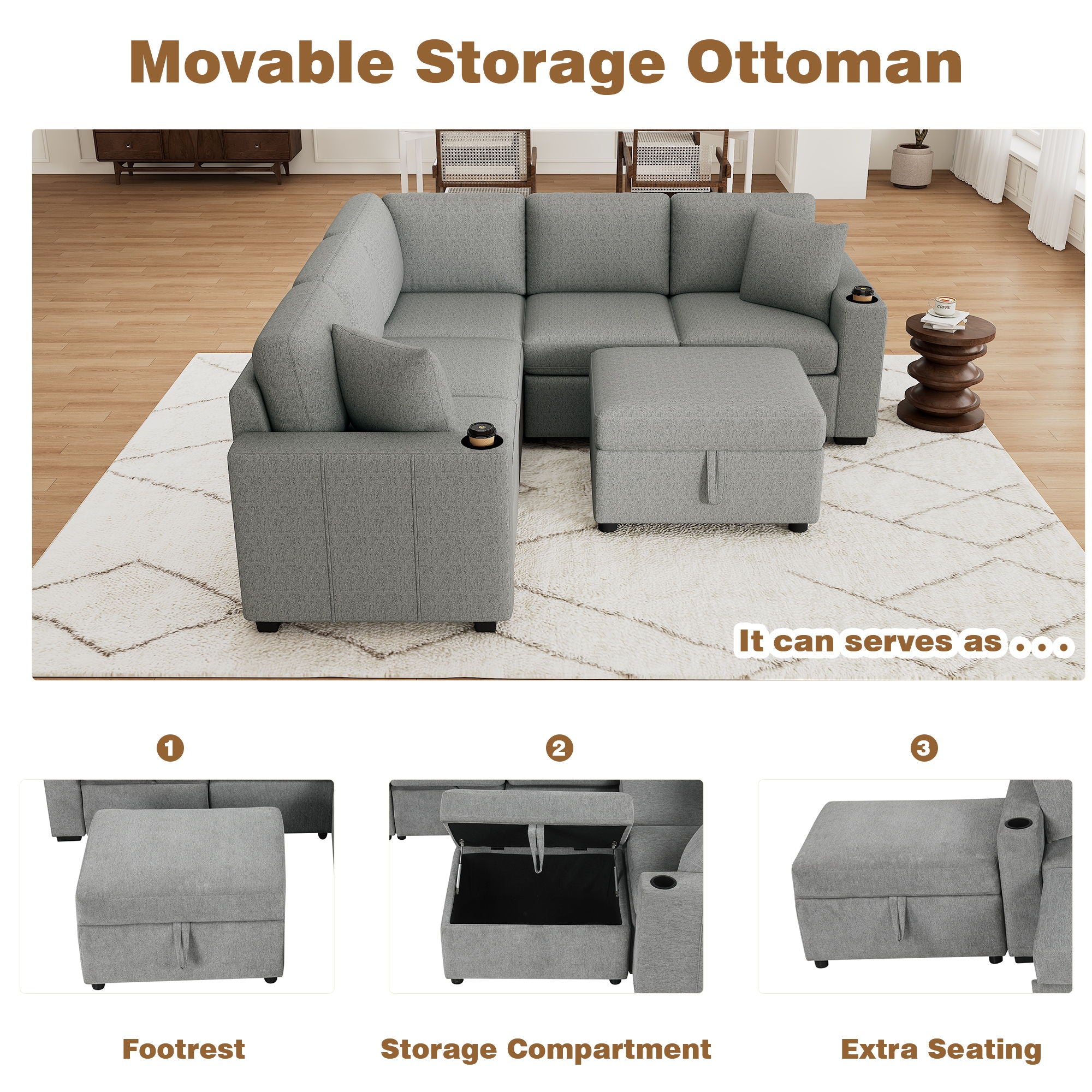 Sectional Sofa Convertible Pull-Out Sofa Bed With A Movable Storage Ottoman For Living Room