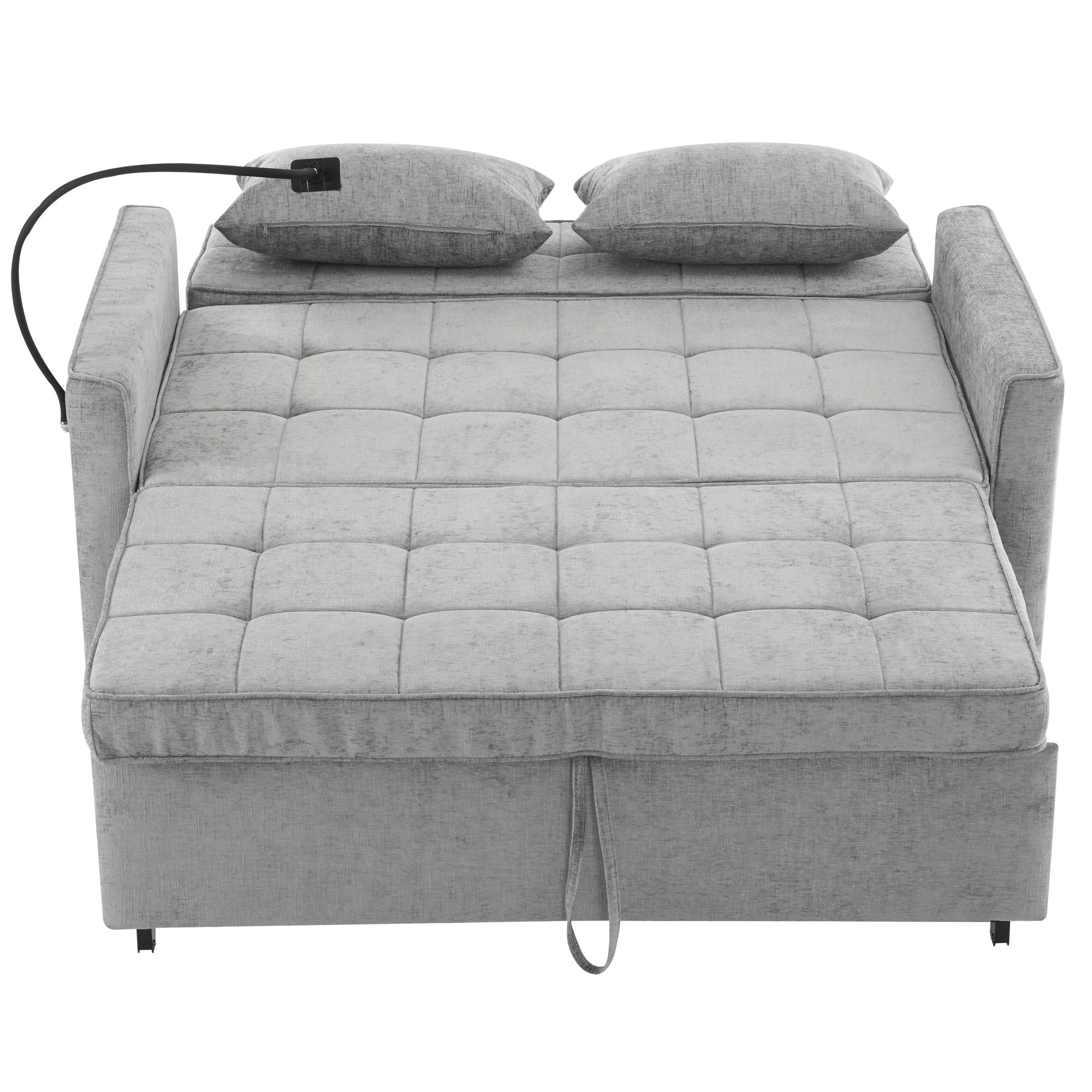 Pull-Out Sleeper Sofa With Reversible Backrest Cushion, Side Pockets, 2 USB Ports And A Phone Holder For Living Room