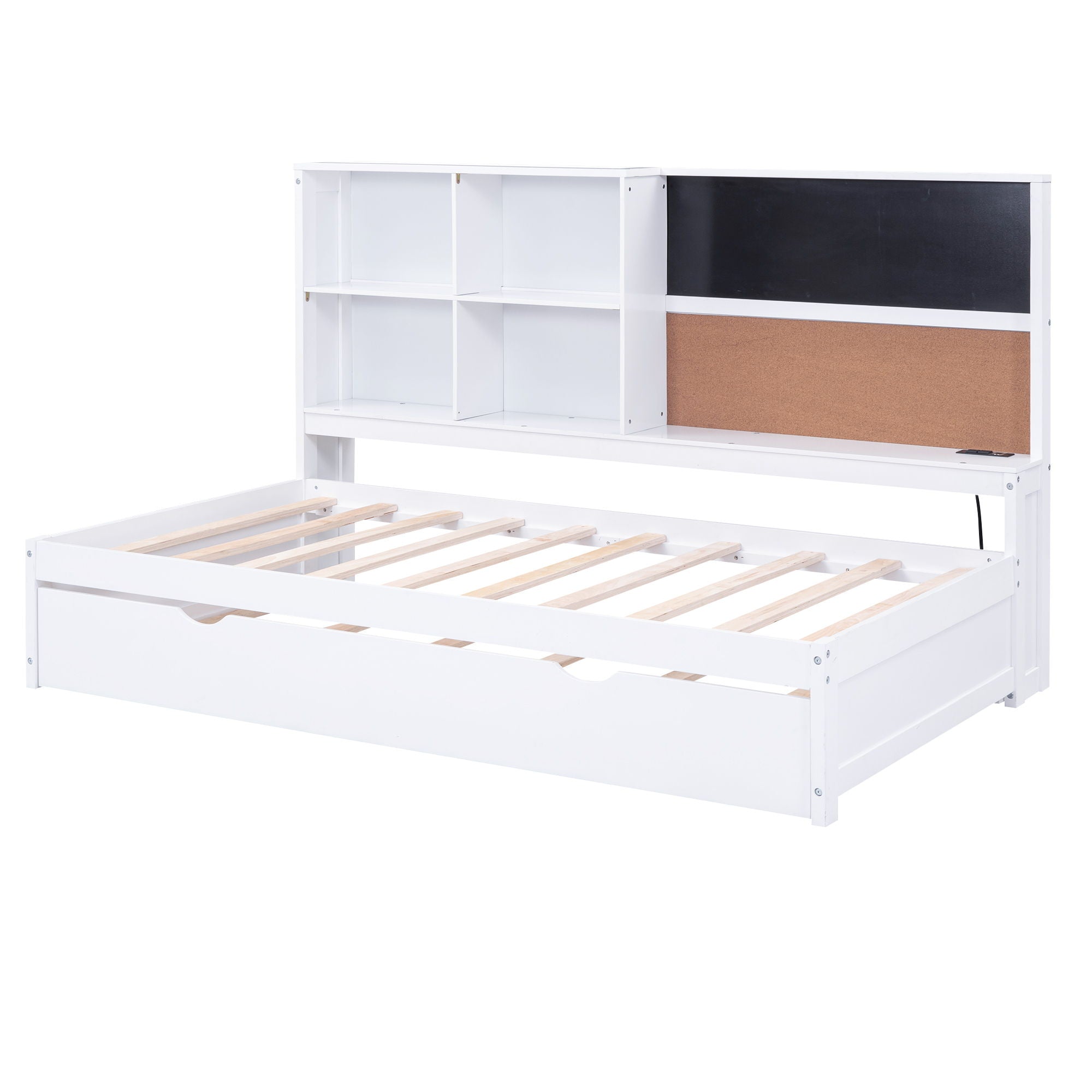 Twin Size Daybed With Storage Shelvesboard, Cork Board, USB Ports And Trundle - White