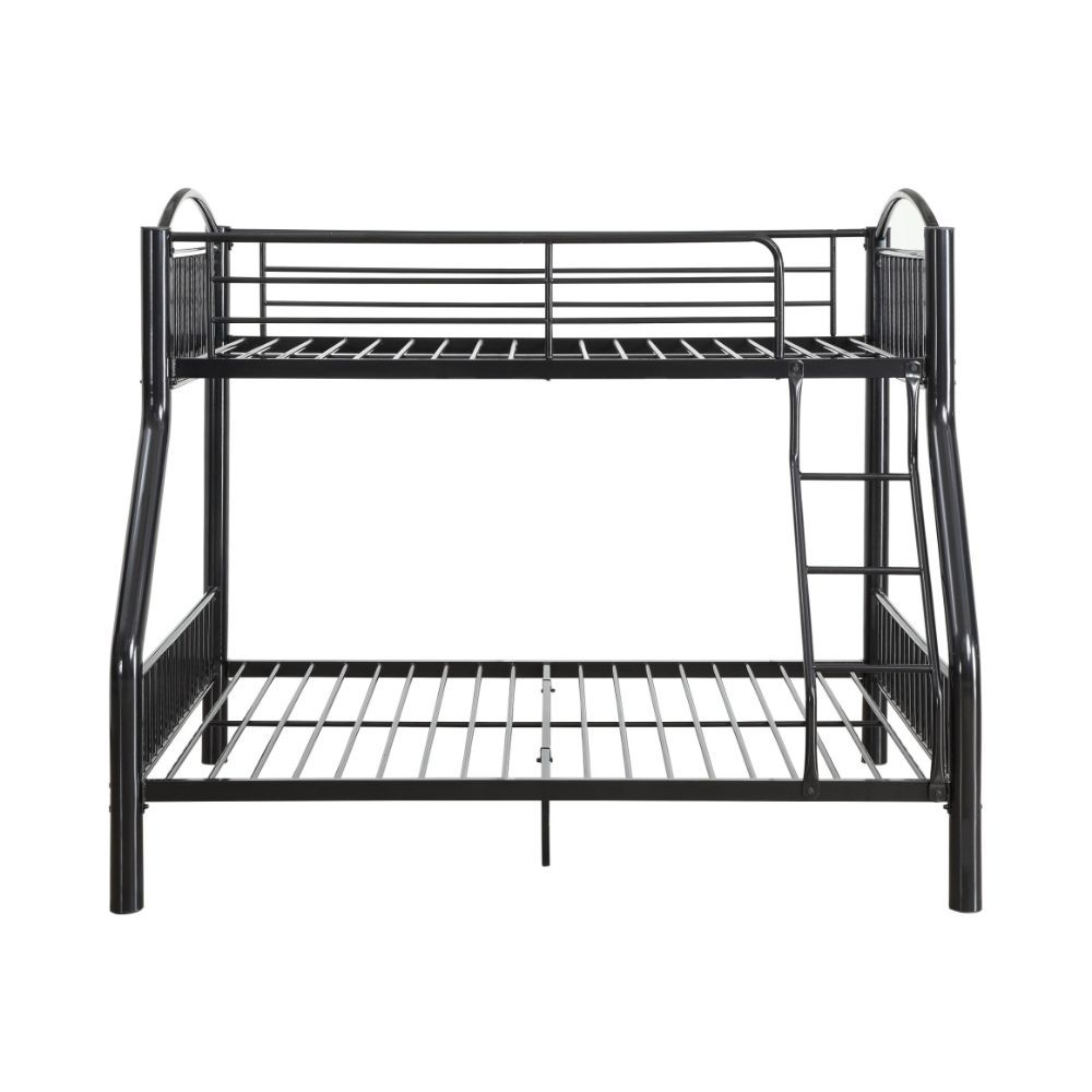 The Cayelynn bunk bed is a great way to free up space in a kids bedroom. It is a round metal tube design and features a built in ladder to the upper bed that also has a guardrail.