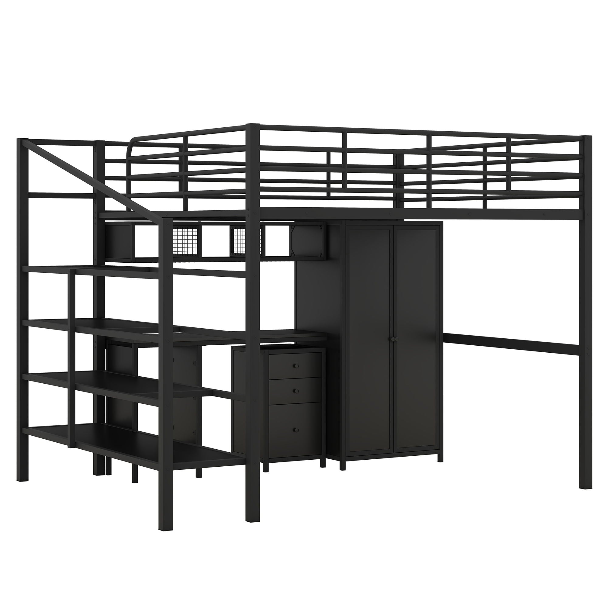 Full Size Loft Bed With Desk Set And Wardrobe - Black