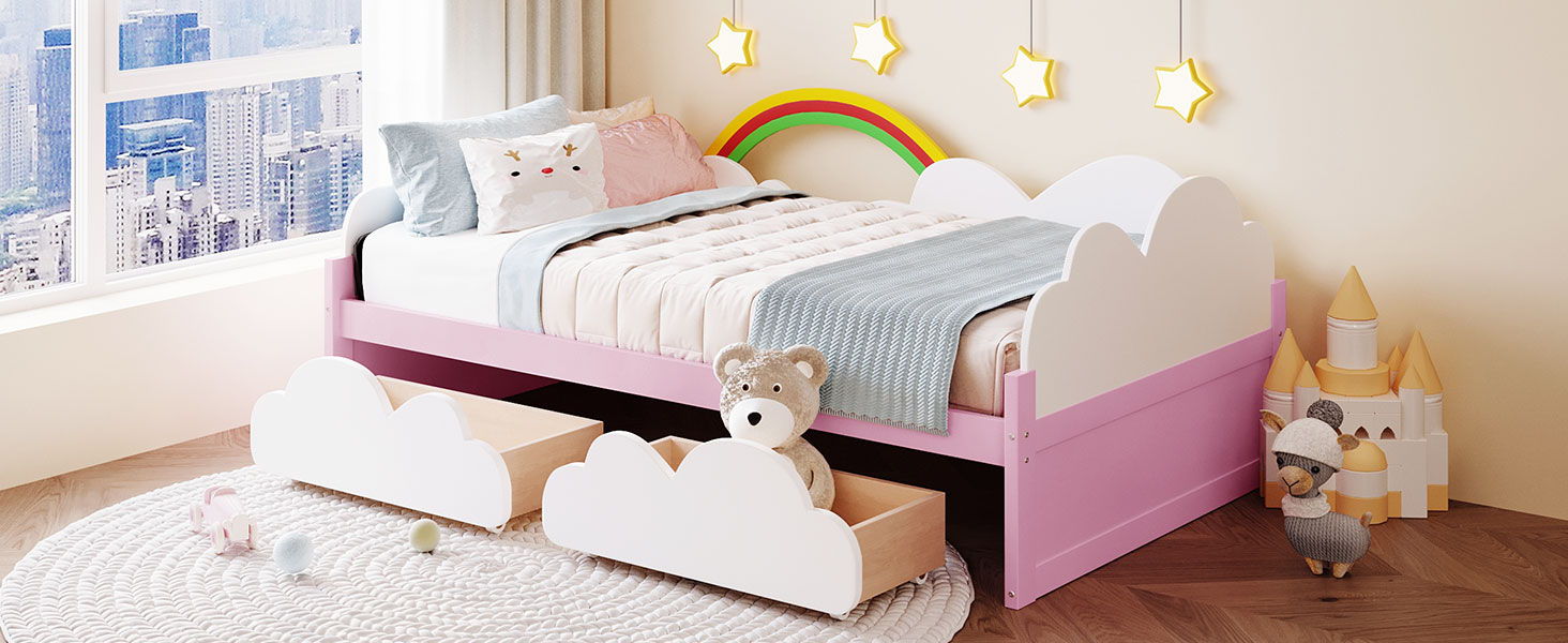 Twin Size Bed With Clouds And Rainbow Decor - Pink / White