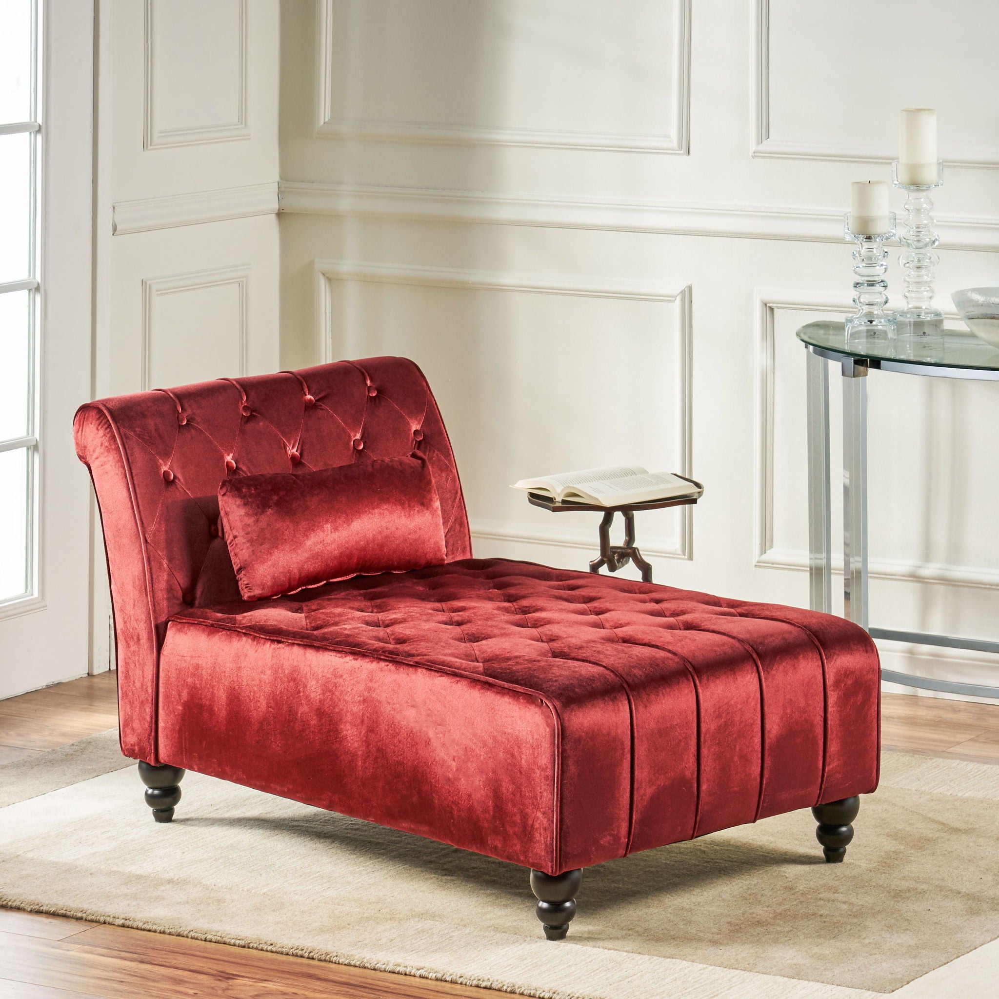 Ethereala - Upholstered Velvet Chaise Lounge With Button Tufted - Garnet
