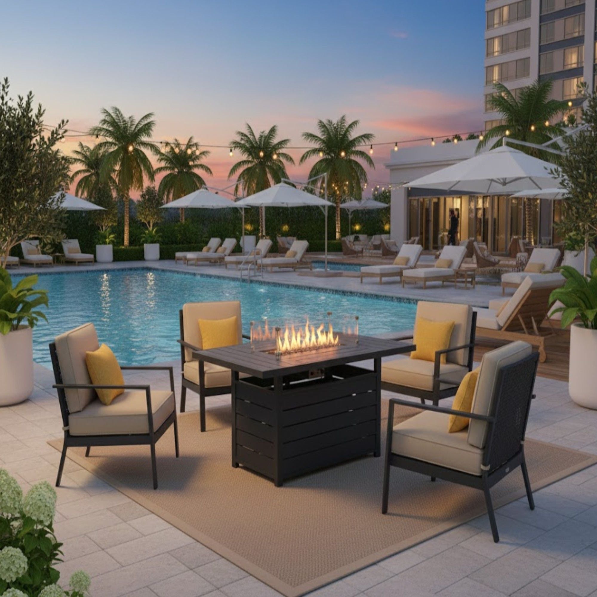 Rectangular Propane Fire Pit Table With Burner, Lava Rock, Waterproof Cover