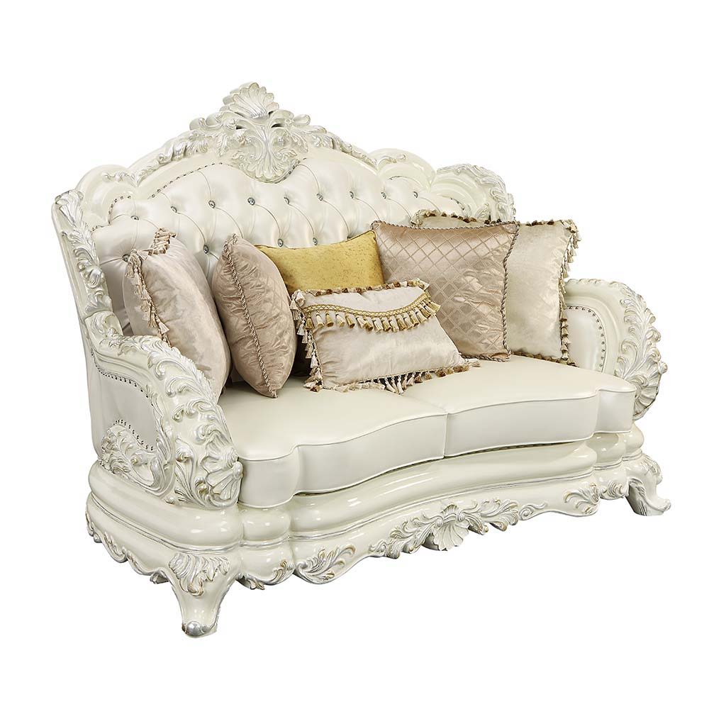 ACME Adara - Loveseat - White PU & Antique White Finish | Meri Furniture