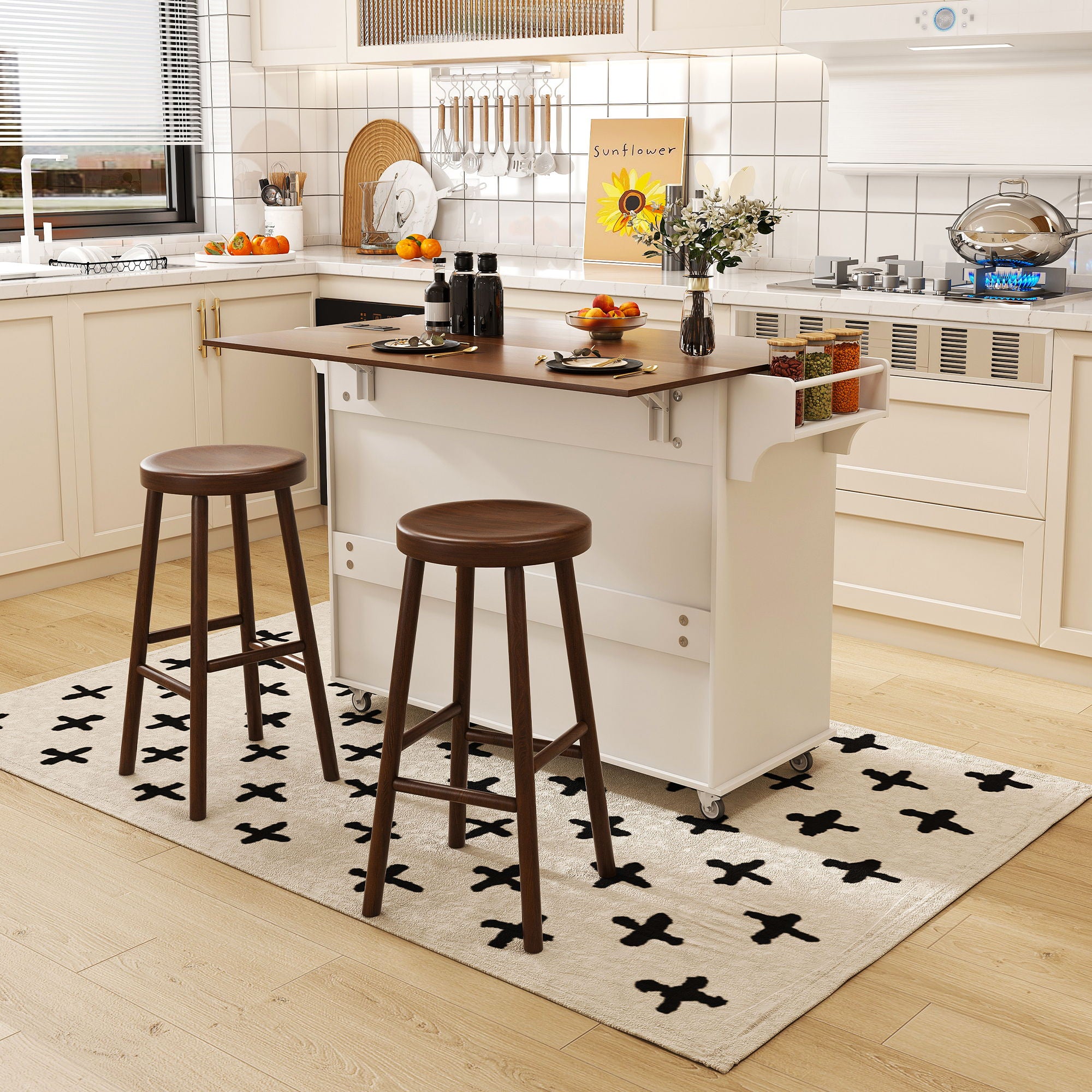 Kitchen Island Cart With Foldable Tabletop & Drop Leaf Mobile Breakfast Bar With Wood Top And Storage - White / Walnut