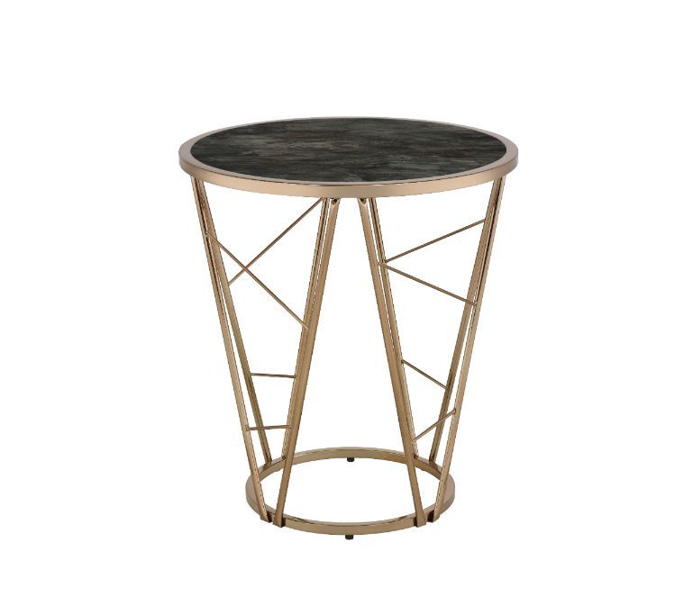 ACME Cicatrix - End Table - Faux Black Marble Glass & Champagne Finish | Meri Furniture