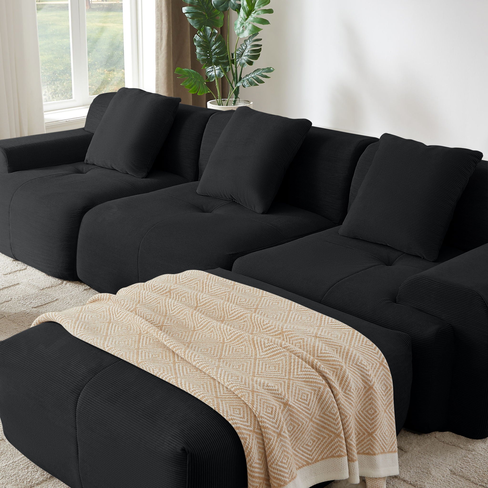 L Shaped Modular Sectional Sofa Corduroy And Movable Ottoman